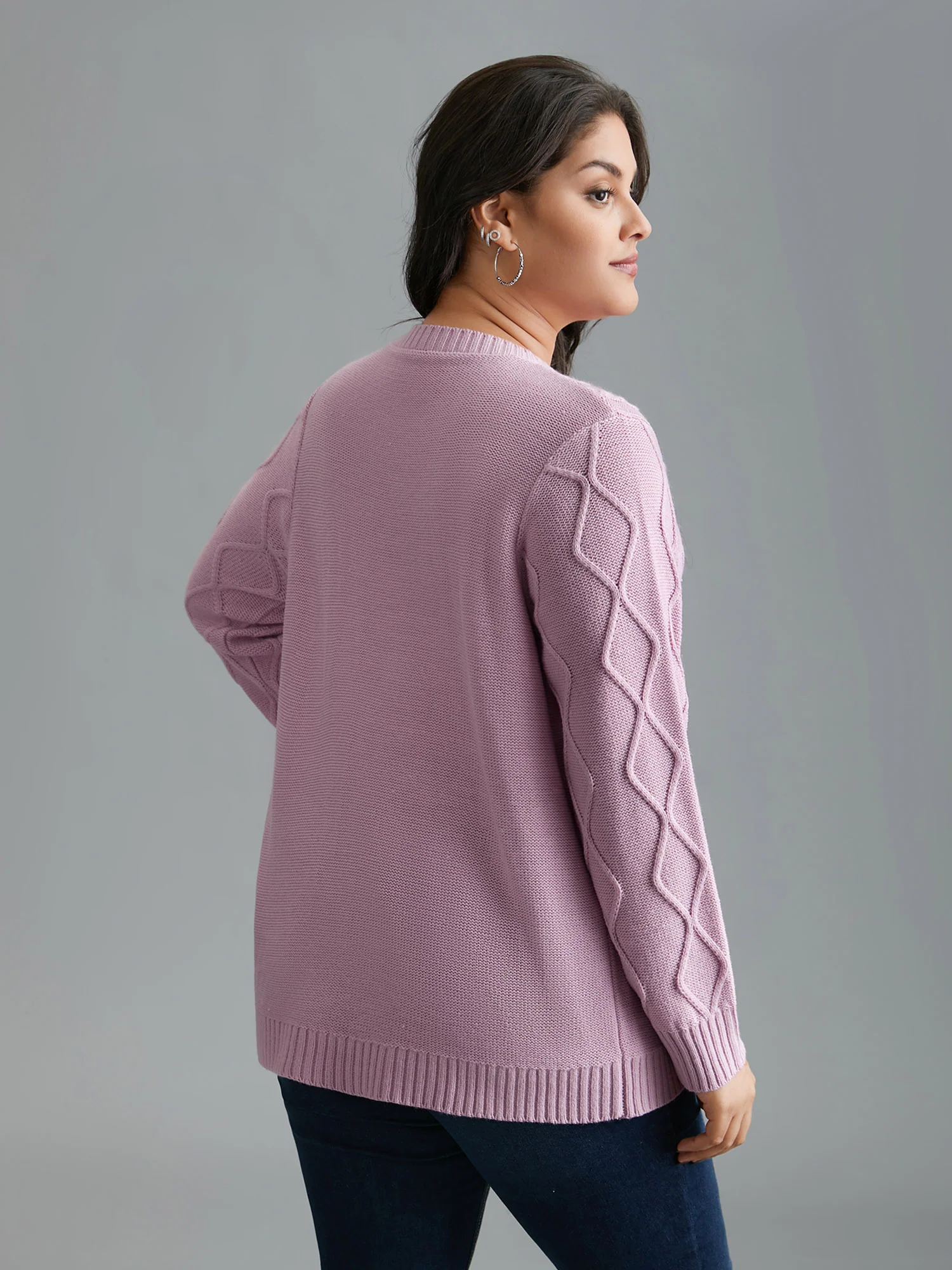 Crew Neck Cable Knit Textured Pullover - Image 2
