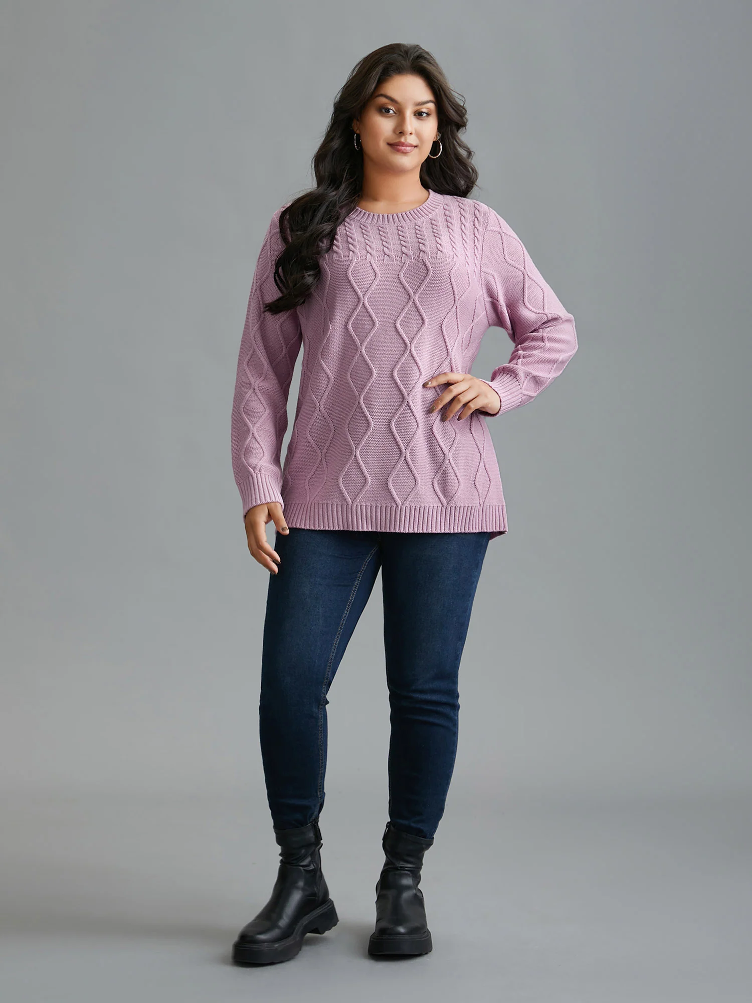 Crew Neck Cable Knit Textured Pullover - Image 3