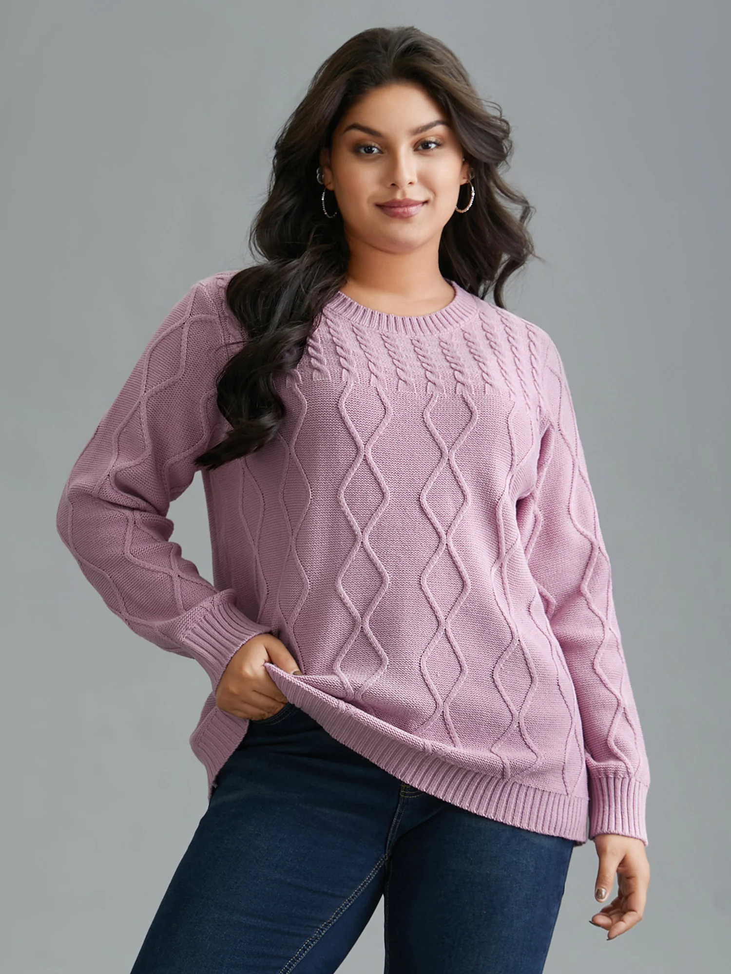 Crew Neck Cable Knit Textured Pullover - Image 4