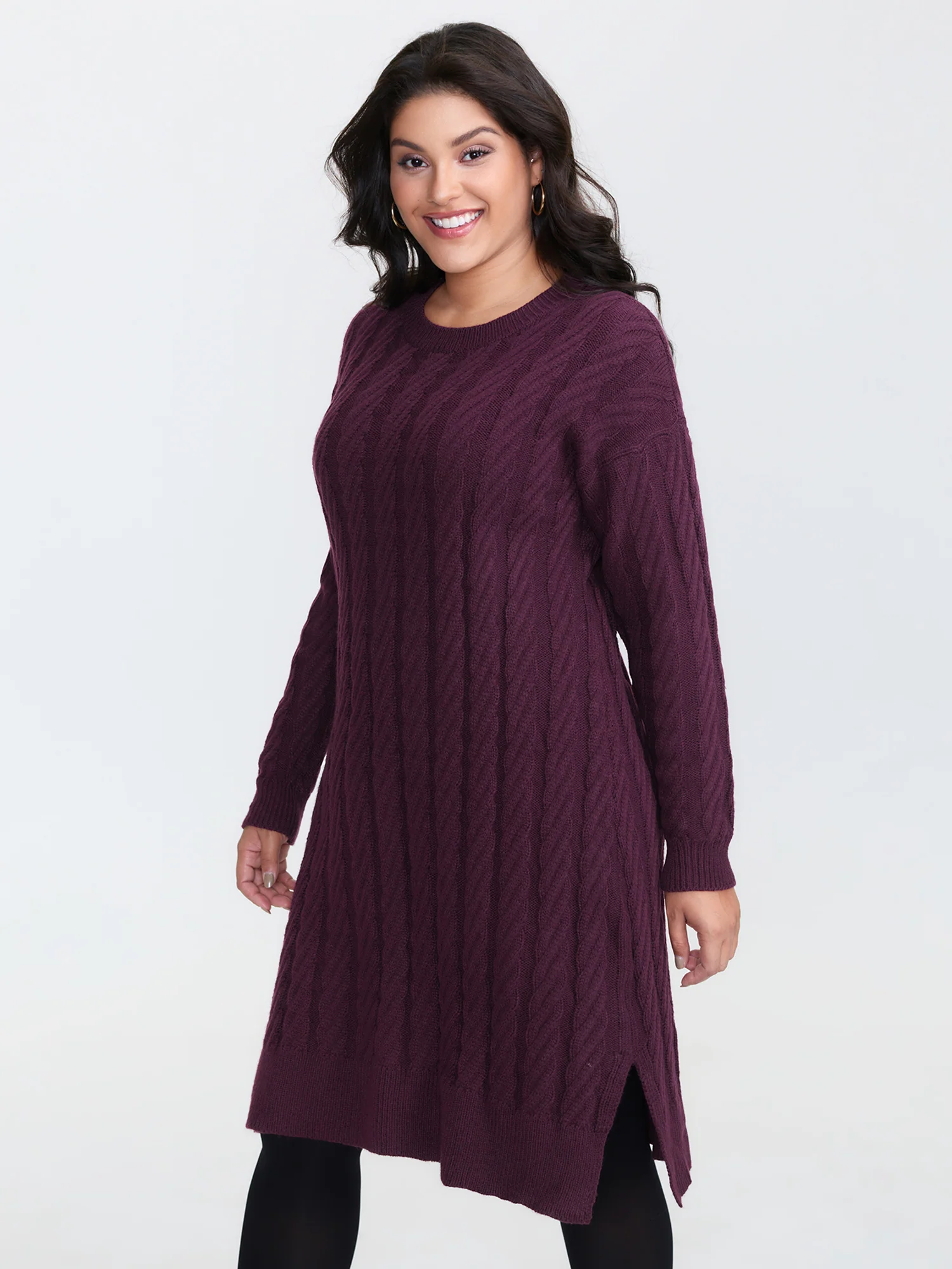 Crew Neck Cable Texture Sweater Dress - Image 3