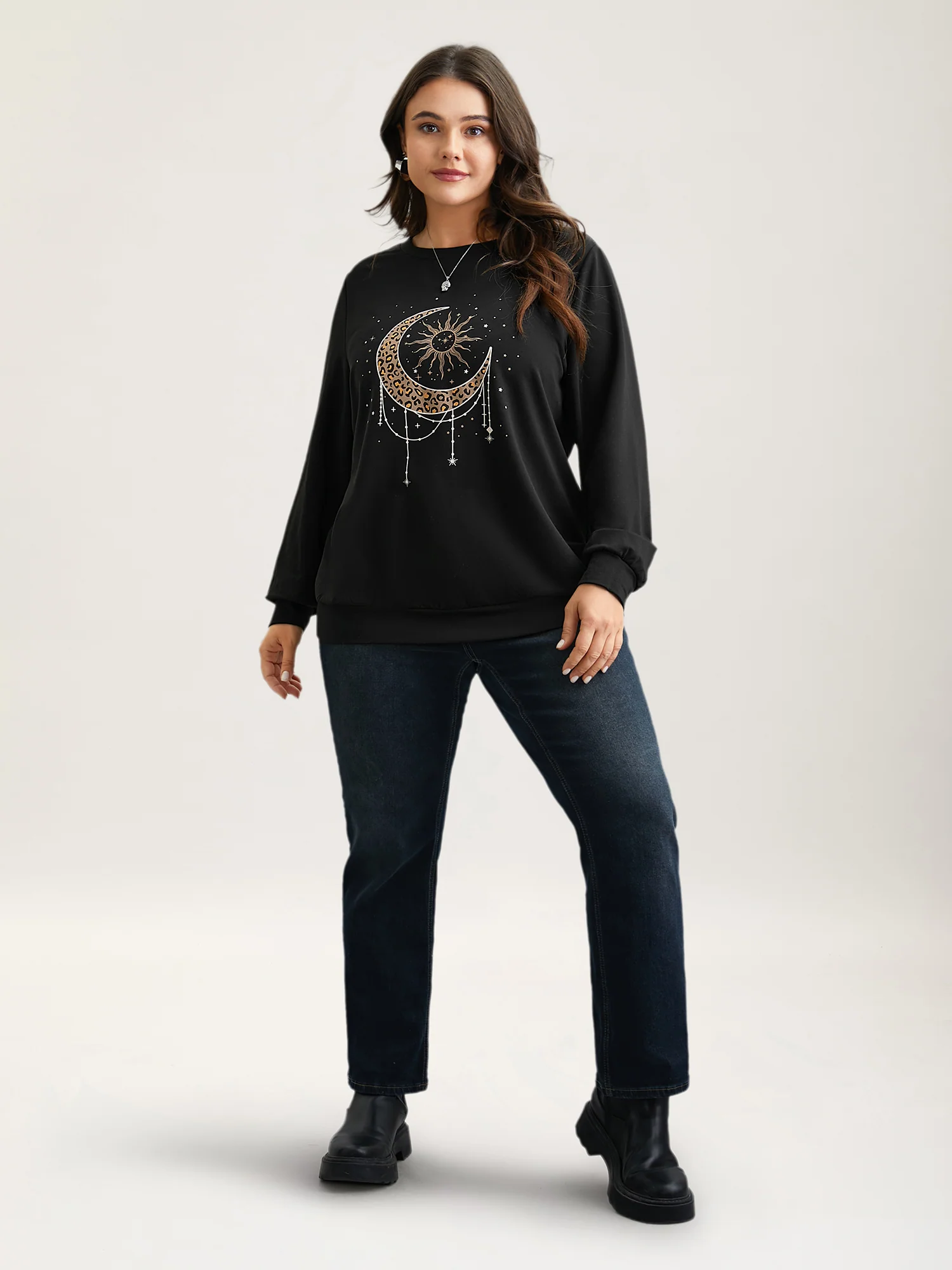 Crew Neck Celestial Print Stretch Sweatshirt - Image 2