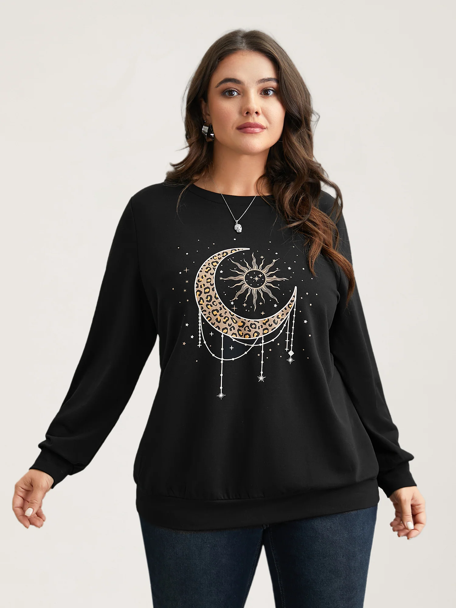 Crew Neck Celestial Print Stretch Sweatshirt - Image 3