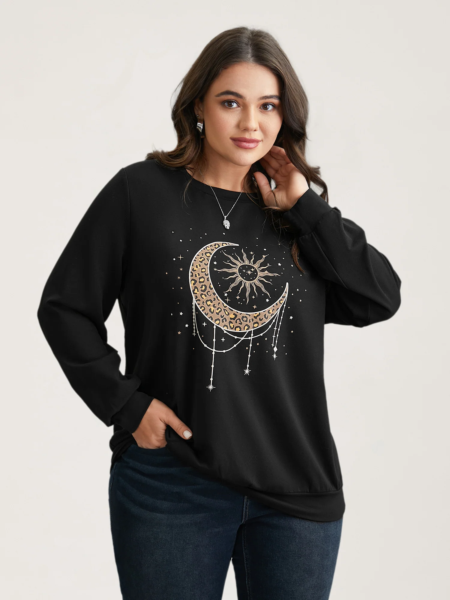 Crew Neck Celestial Print Stretch Sweatshirt - Image 4