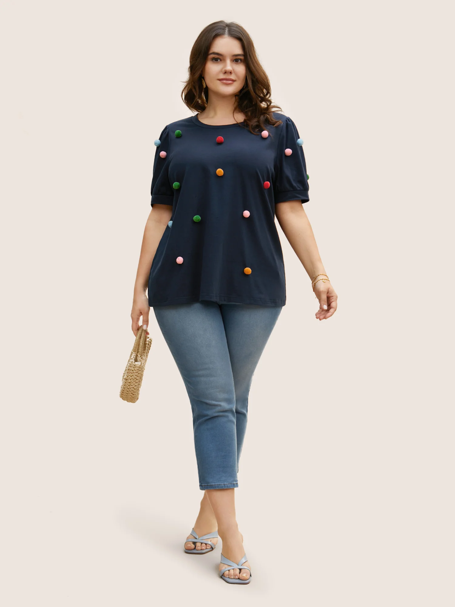 Crew Neck Colored Fluffy Ball T-shirt - Image 4