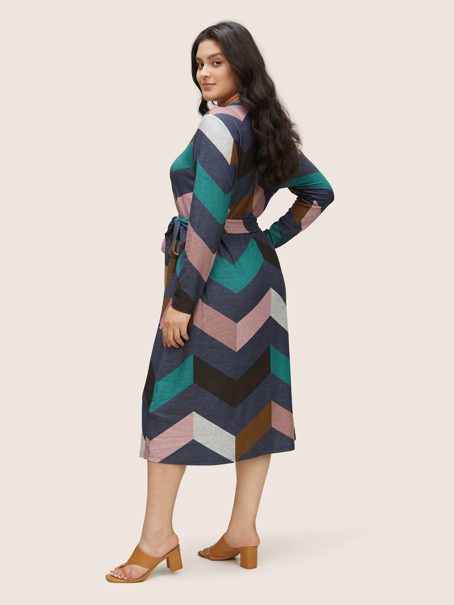 Crew Neck Contrast Colorblock Belted Dress - Image 3