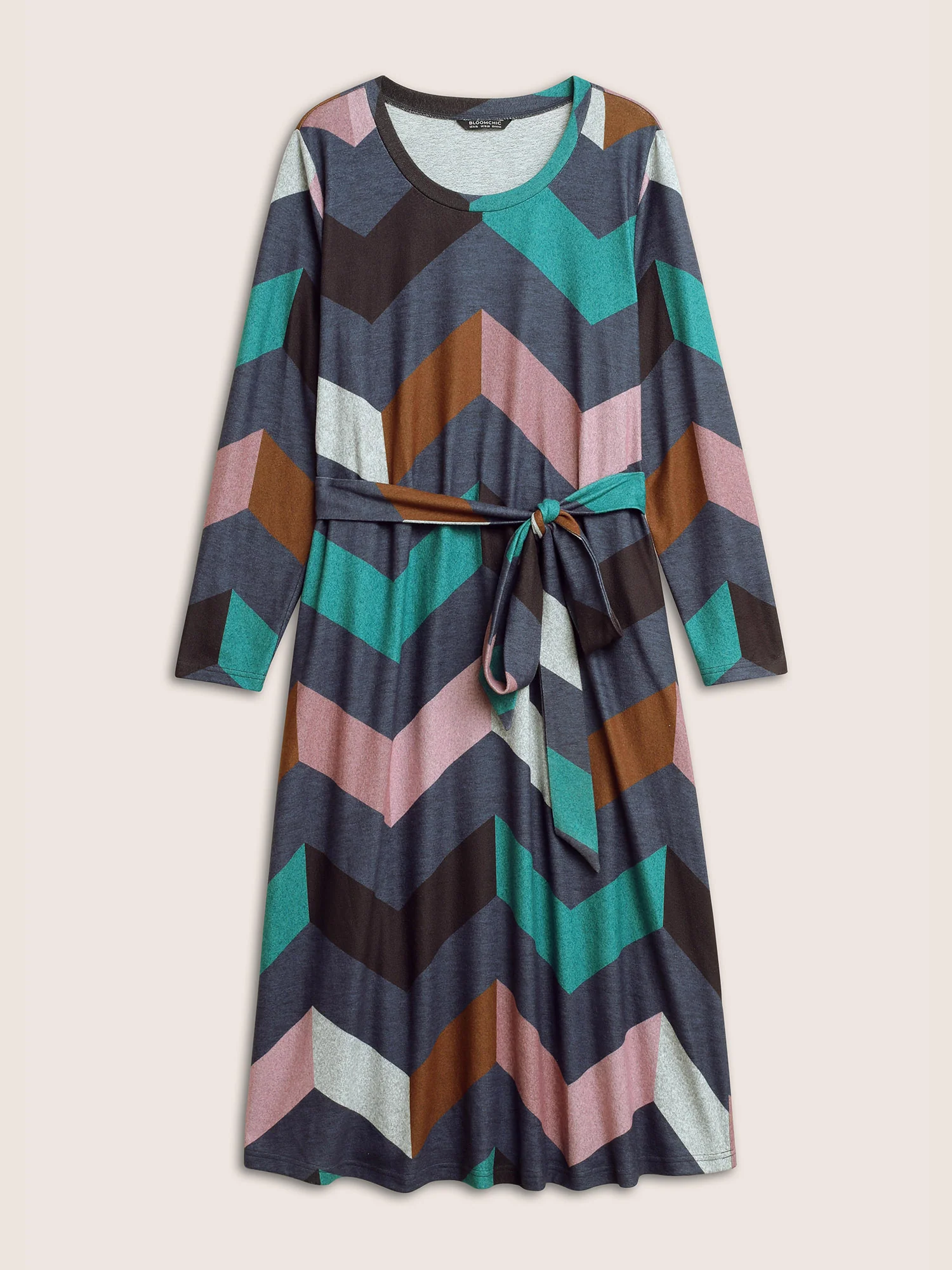 Crew Neck Contrast Colorblock Belted Dress - Image 7