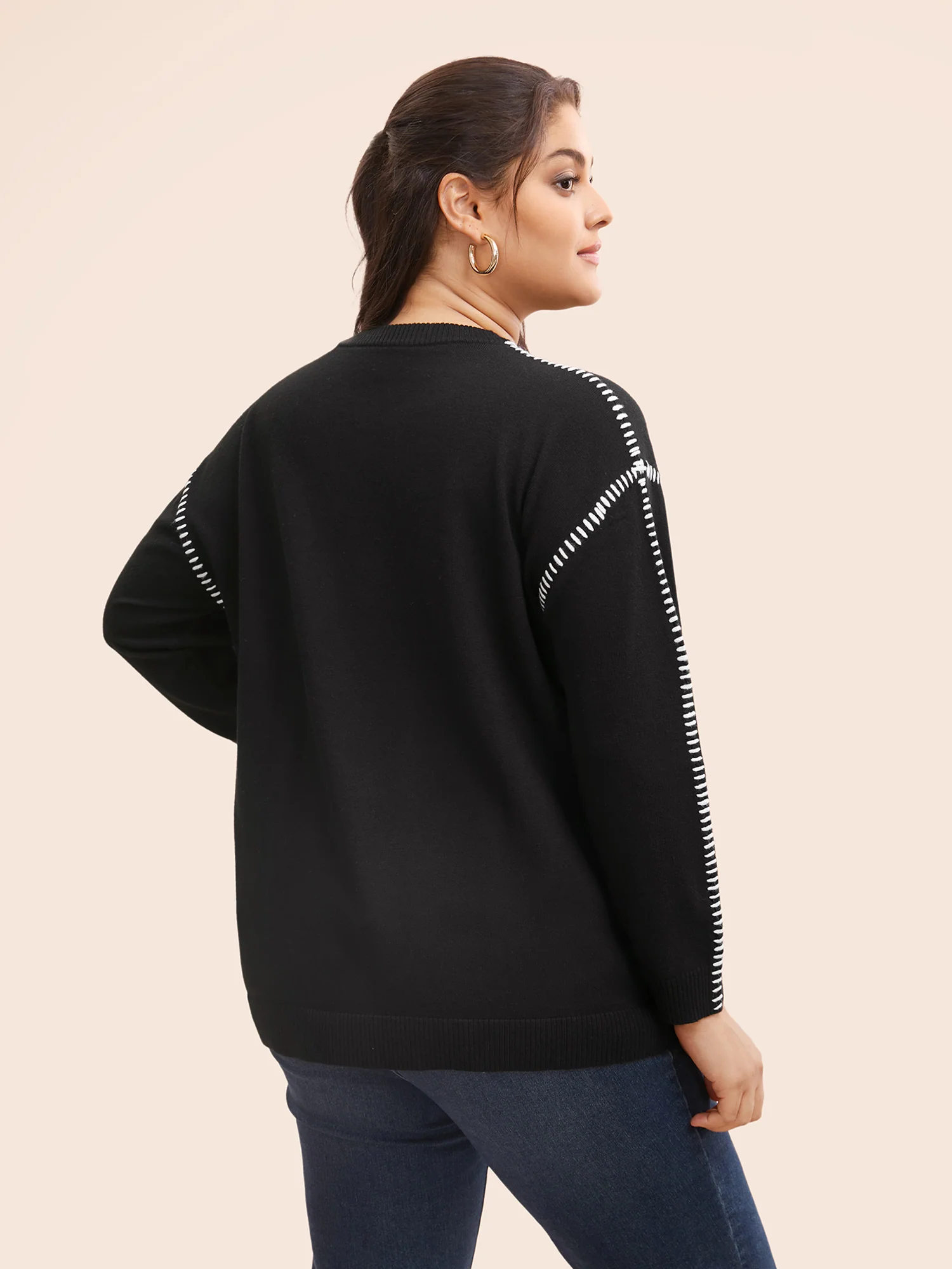 Crew Neck Contrast Trim Drop Shoulder Pullover - Image 2