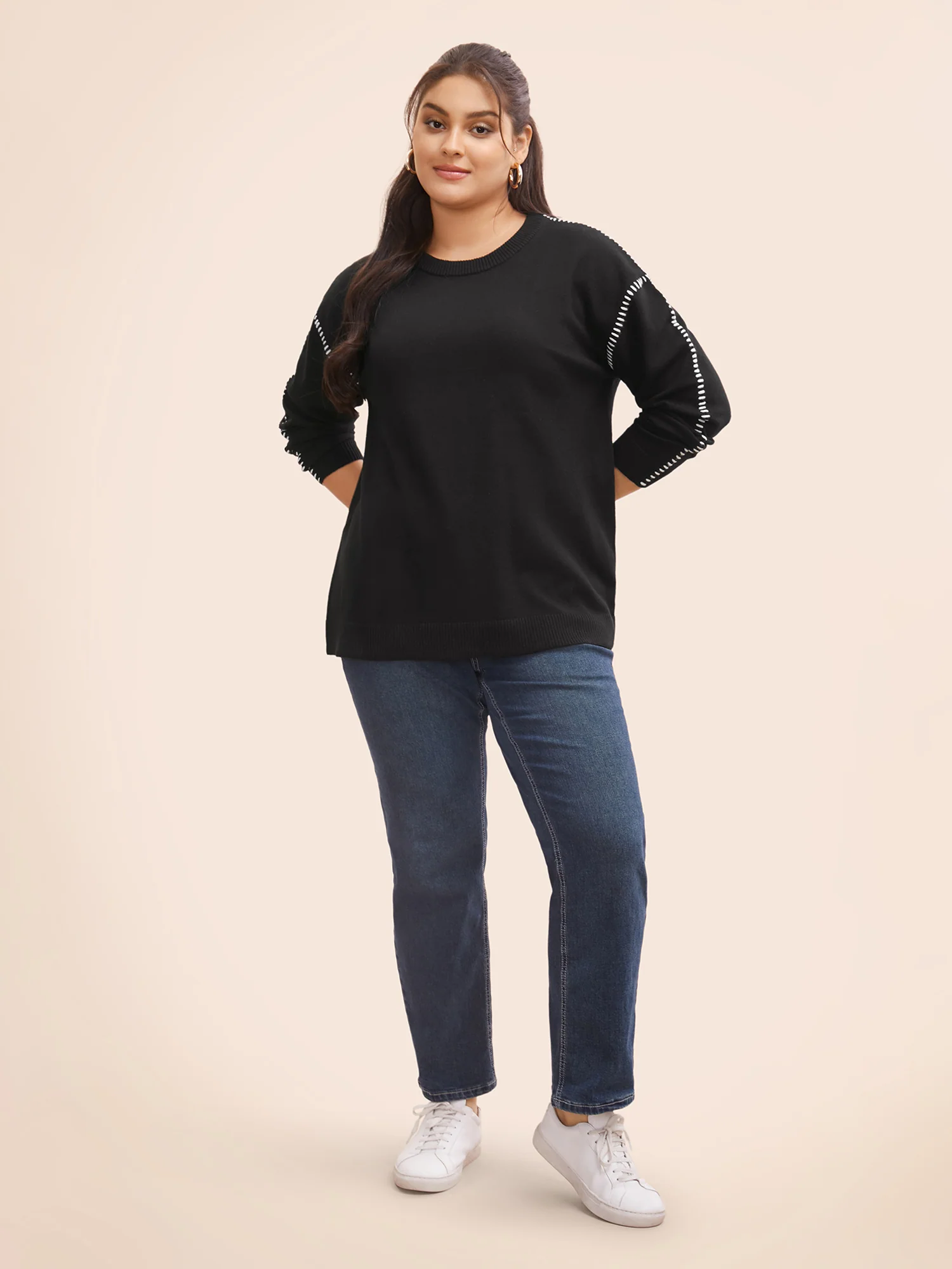 Crew Neck Contrast Trim Drop Shoulder Pullover - Image 3