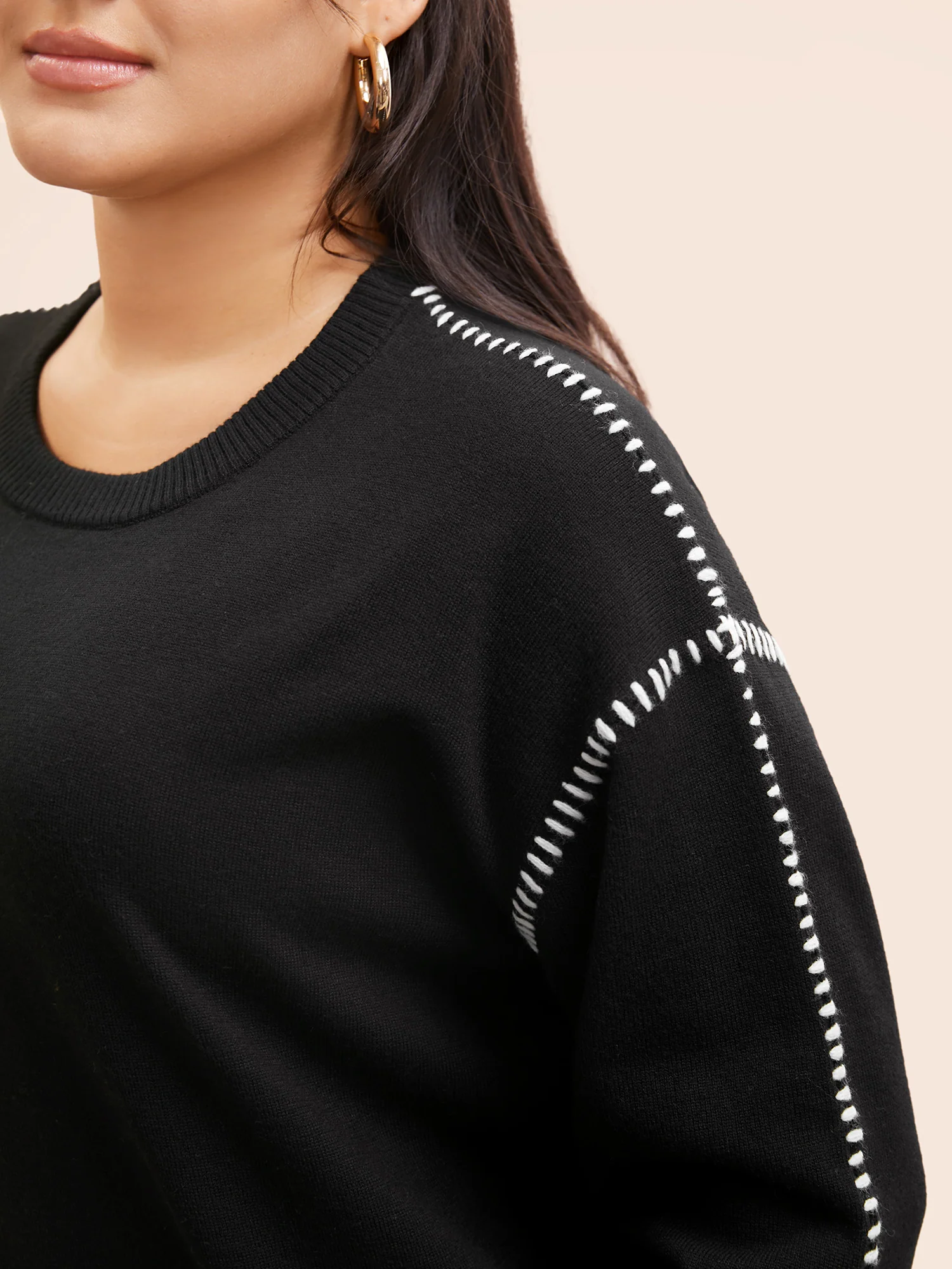 Crew Neck Contrast Trim Drop Shoulder Pullover - Image 4