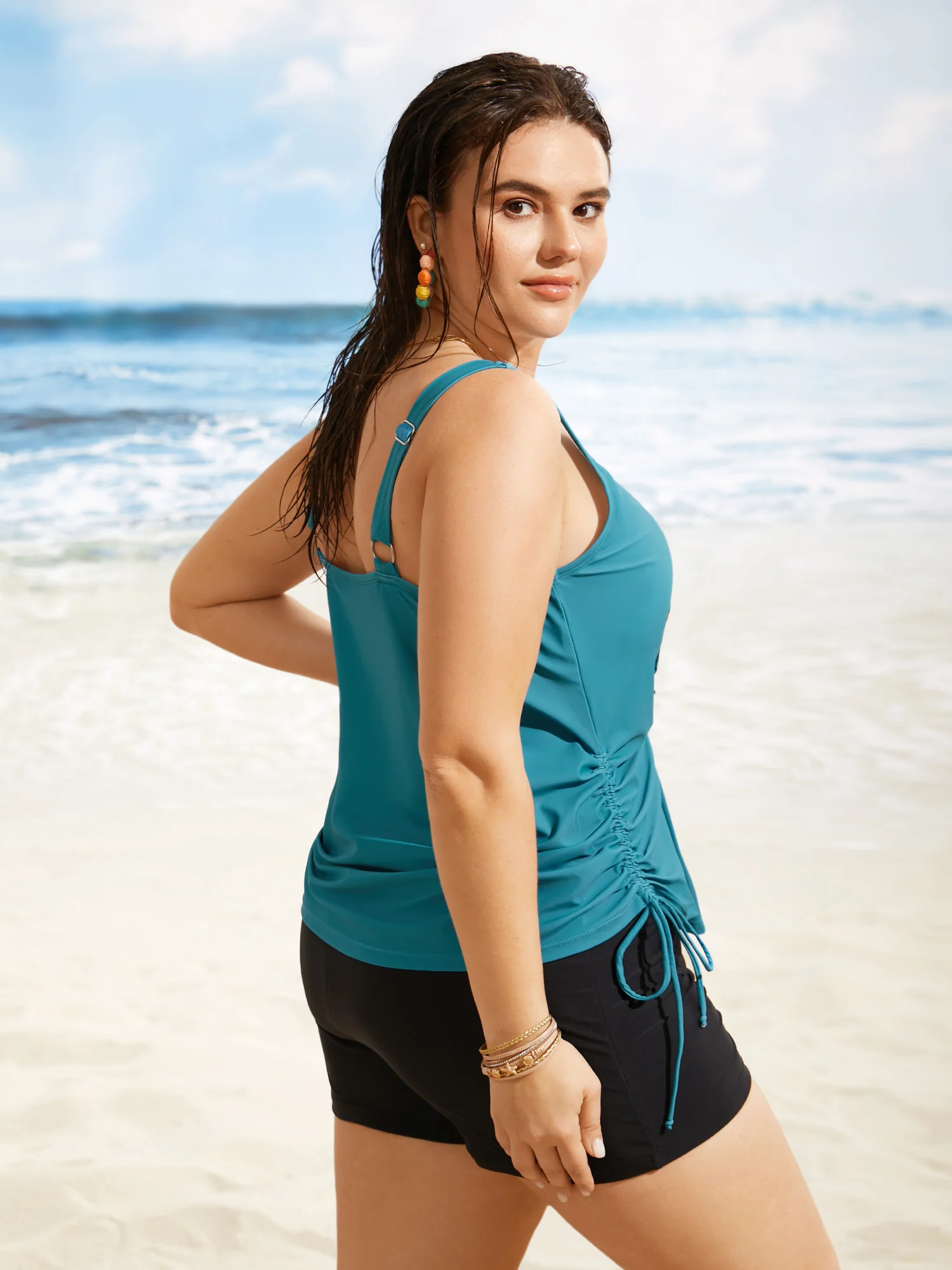 Island Print Drawstring Adjustable Swim Top - Image 10