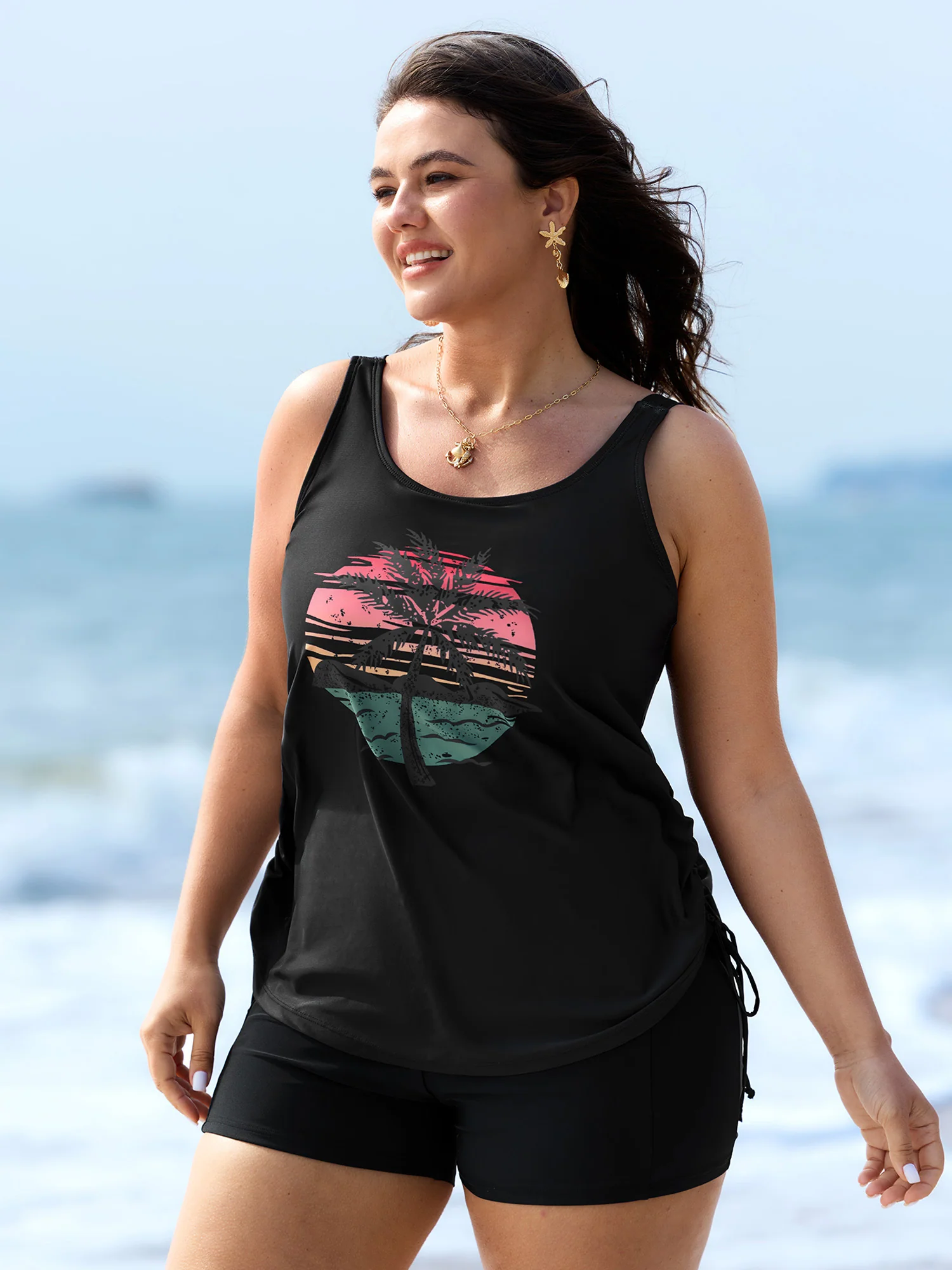 Island Print Drawstring Adjustable Swim Top - Image 16