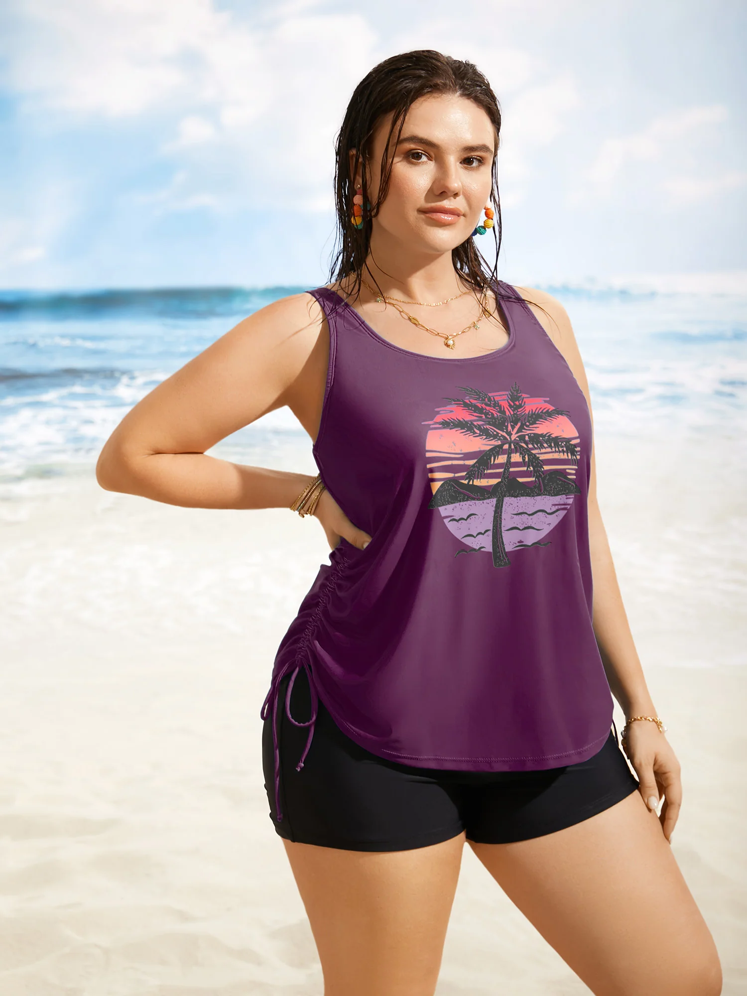 Island Print Drawstring Adjustable Swim Top - Image 24