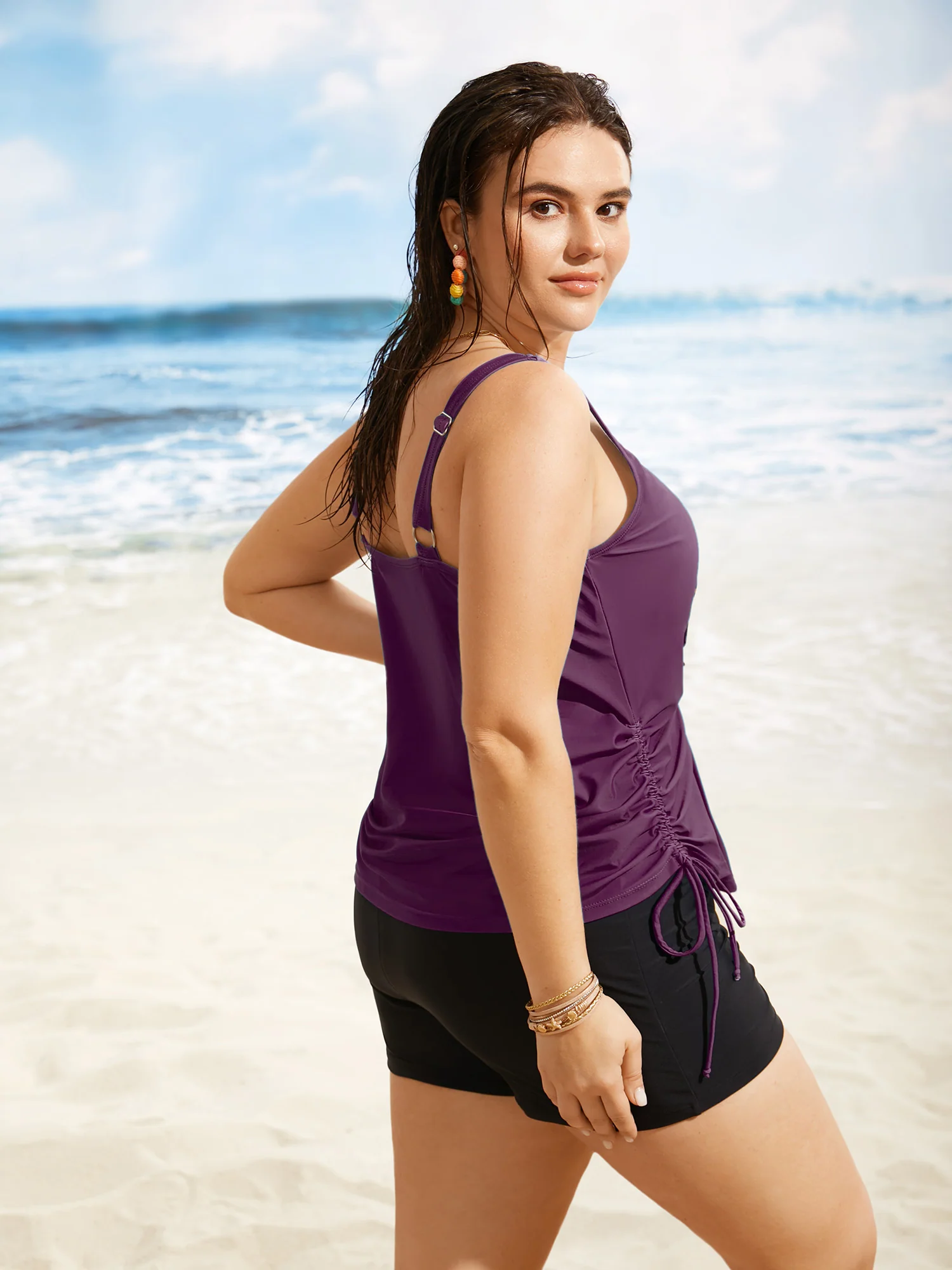 Island Print Drawstring Adjustable Swim Top - Image 27