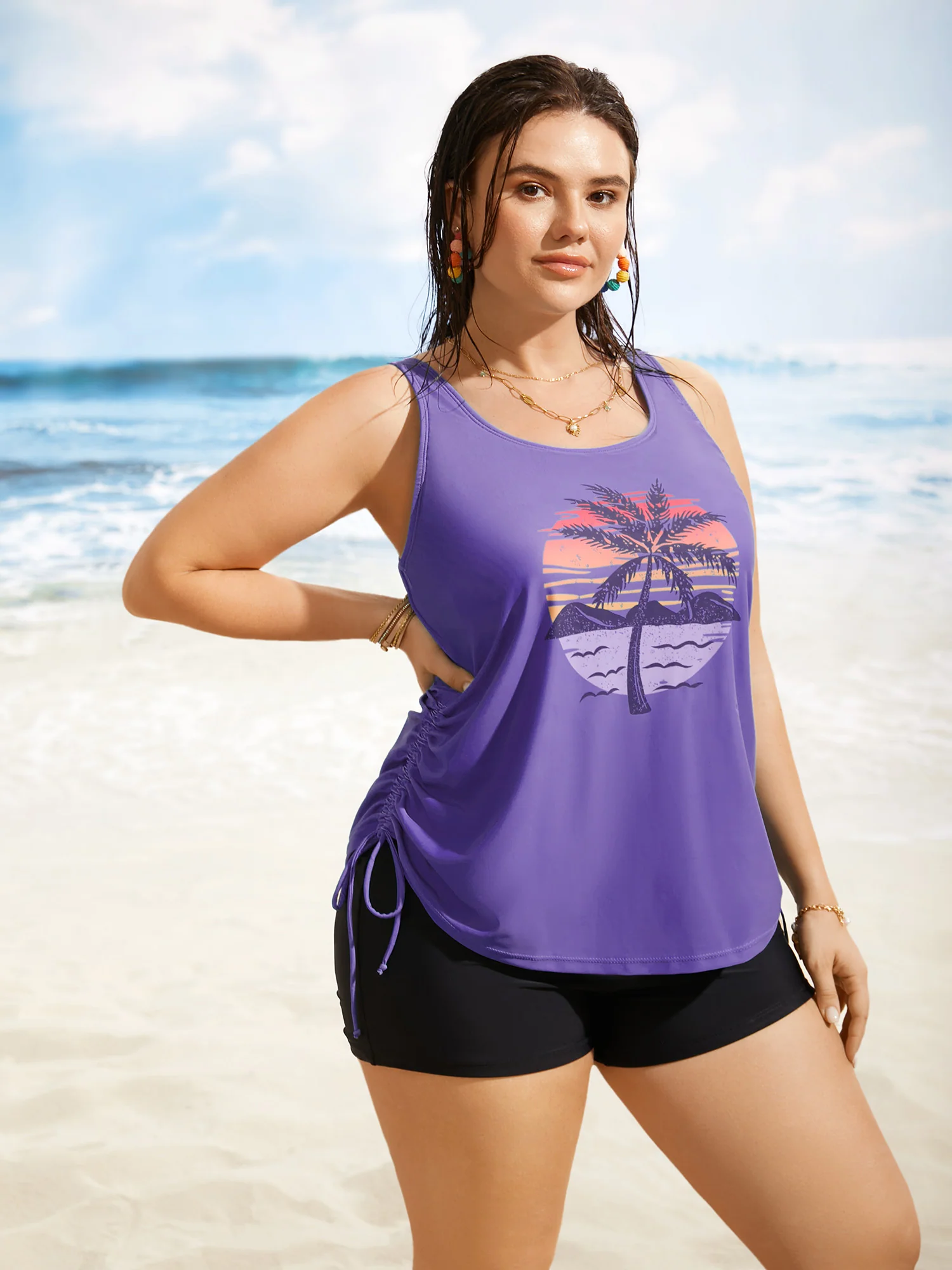 Island Print Drawstring Adjustable Swim Top - Image 30