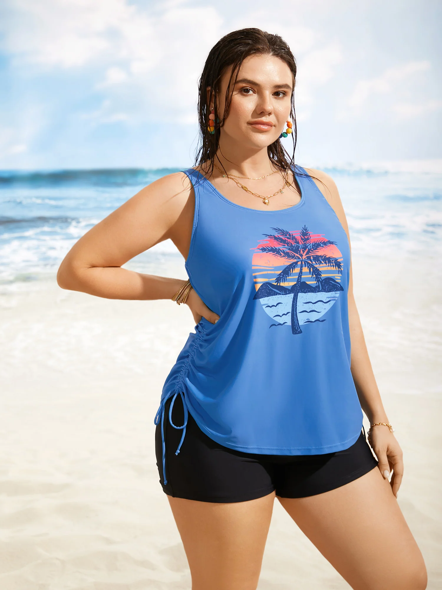 Island Print Drawstring Adjustable Swim Top - Image 37
