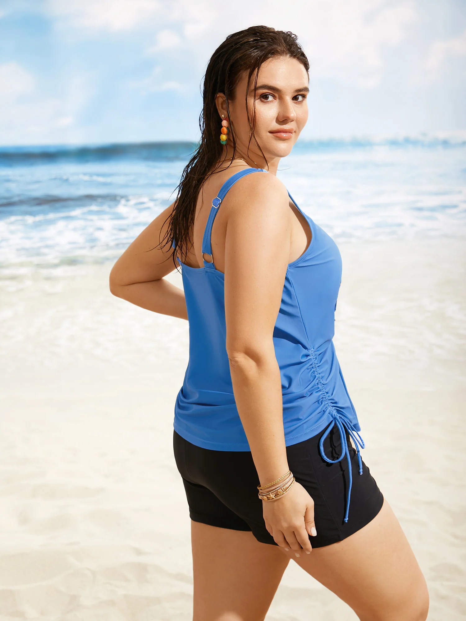 Island Print Drawstring Adjustable Swim Top - Image 38