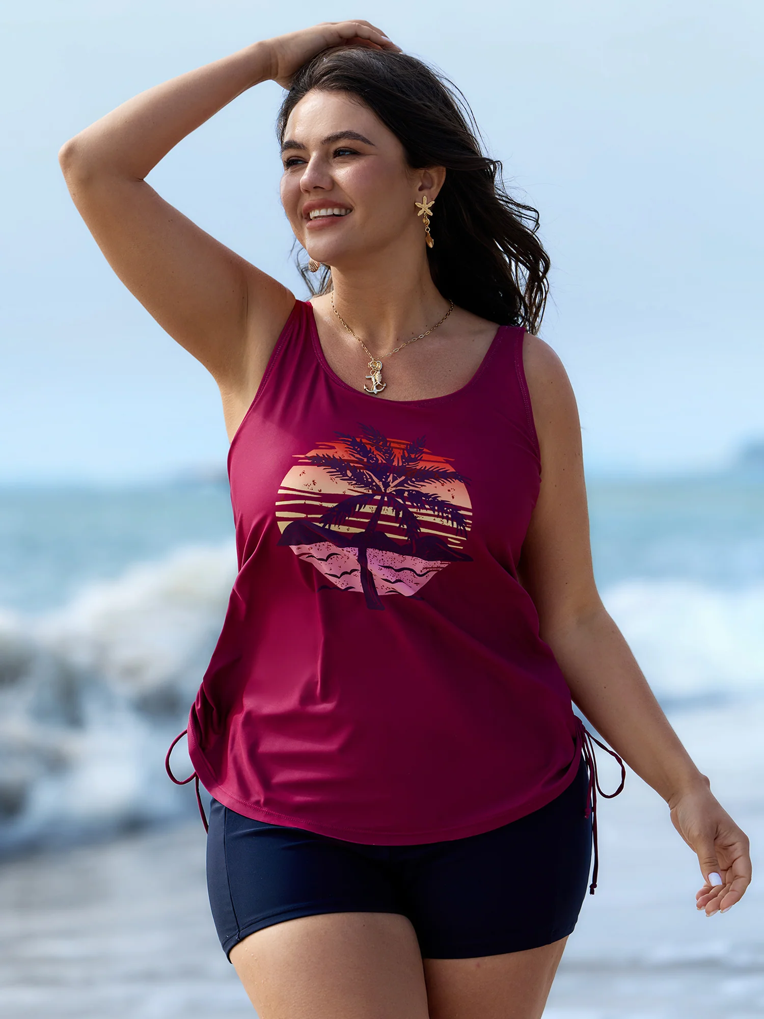 Island Print Drawstring Adjustable Swim Top - Image 44
