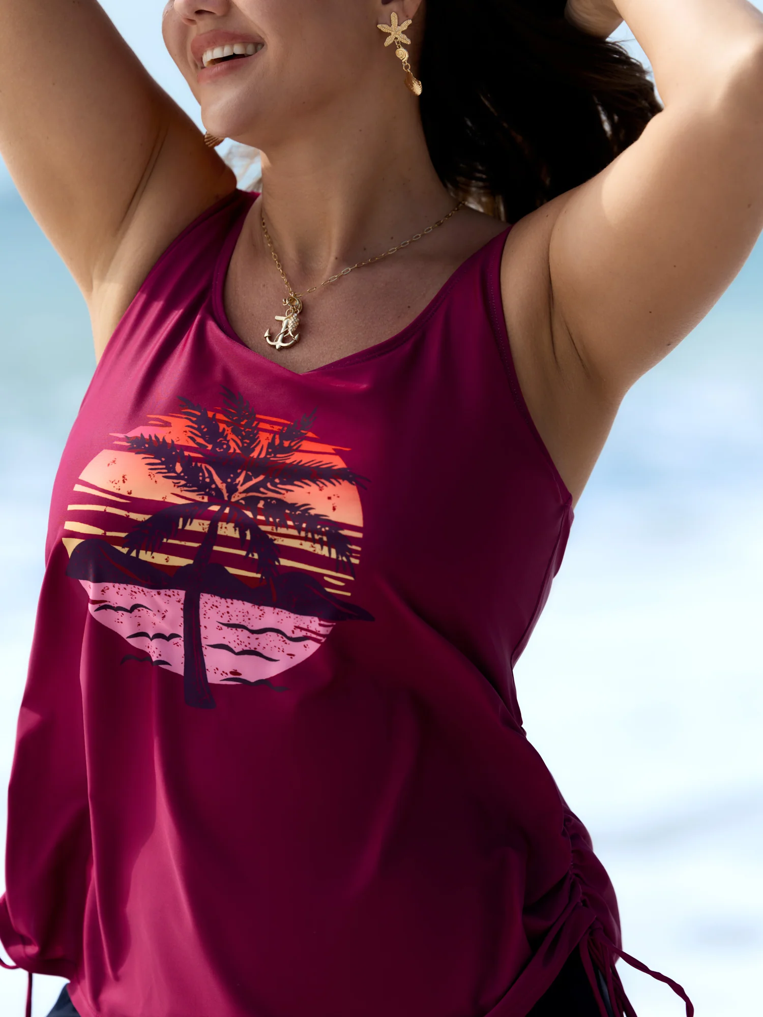 Island Print Drawstring Adjustable Swim Top - Image 45