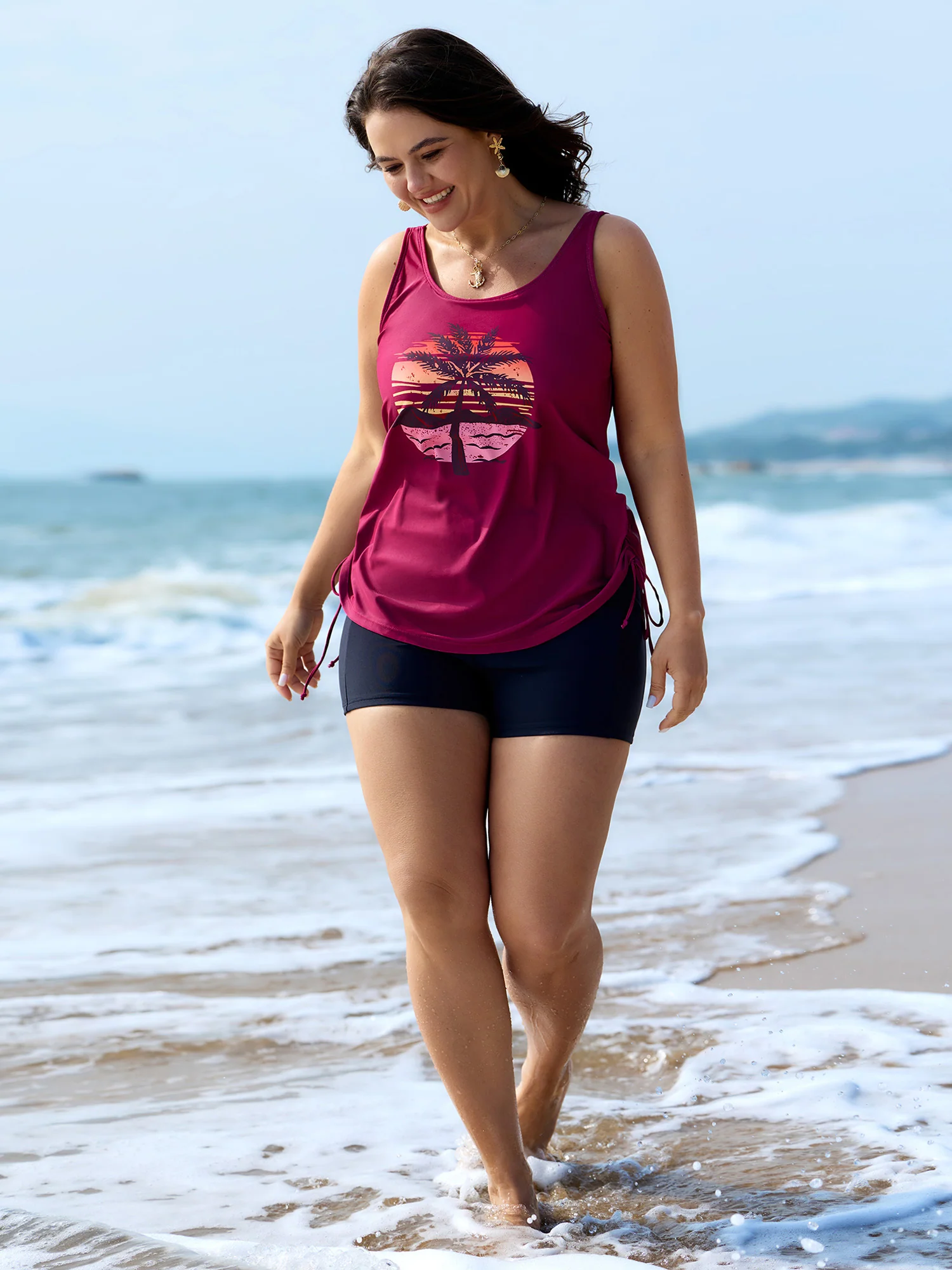 Island Print Drawstring Adjustable Swim Top - Image 46