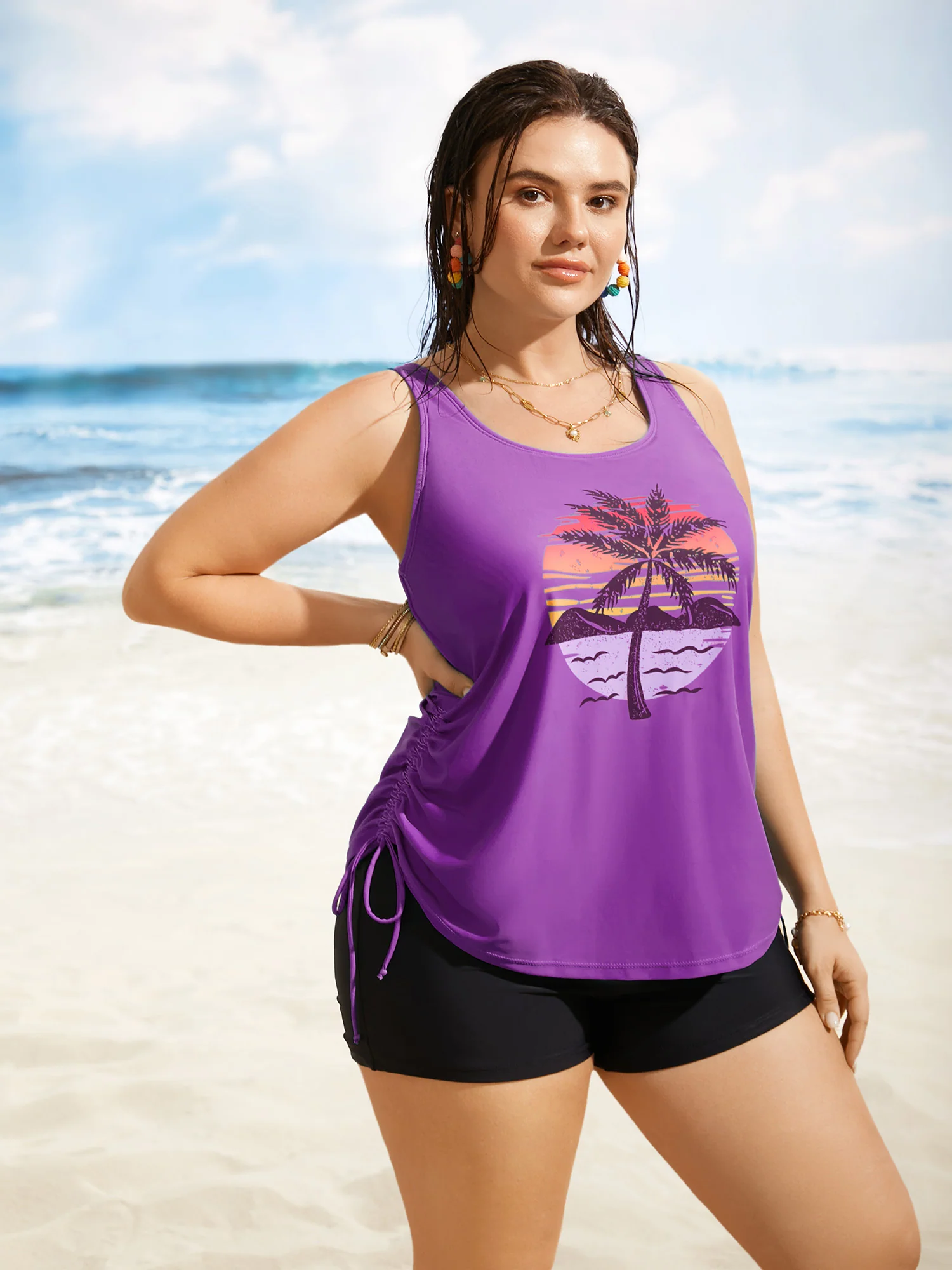 Island Print Drawstring Adjustable Swim Top - Image 52
