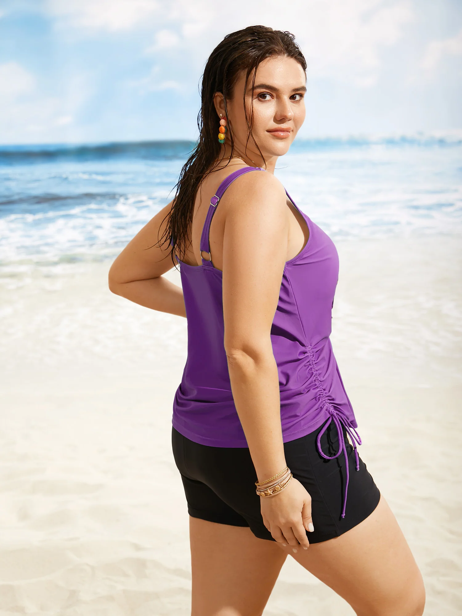 Island Print Drawstring Adjustable Swim Top - Image 53