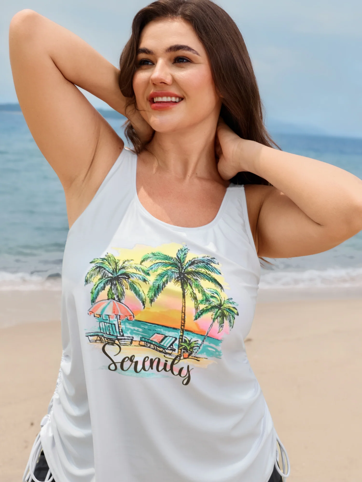 Island Print Drawstring Adjustable Swim Top - Image 57