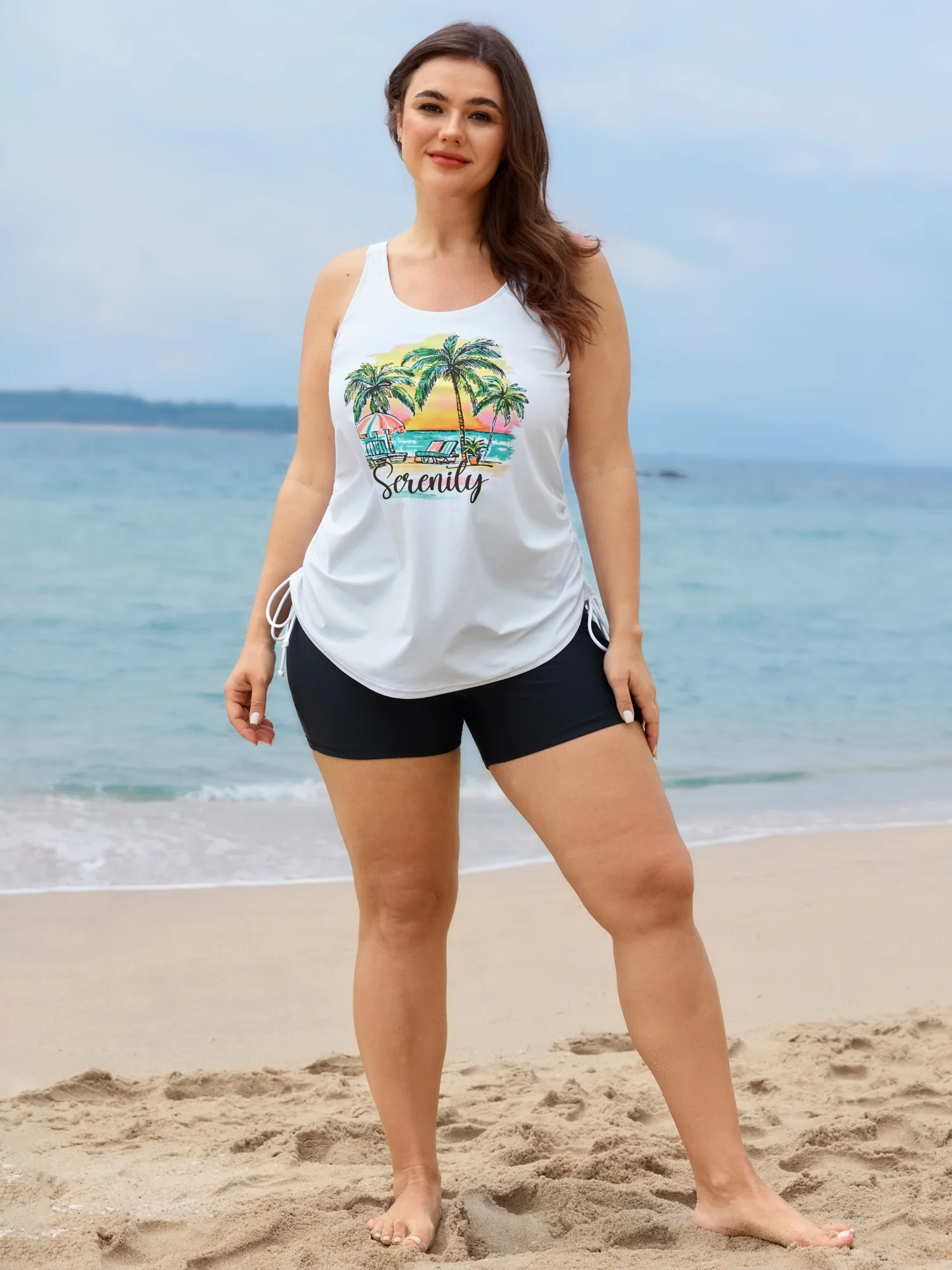 Island Print Drawstring Adjustable Swim Top - Image 58