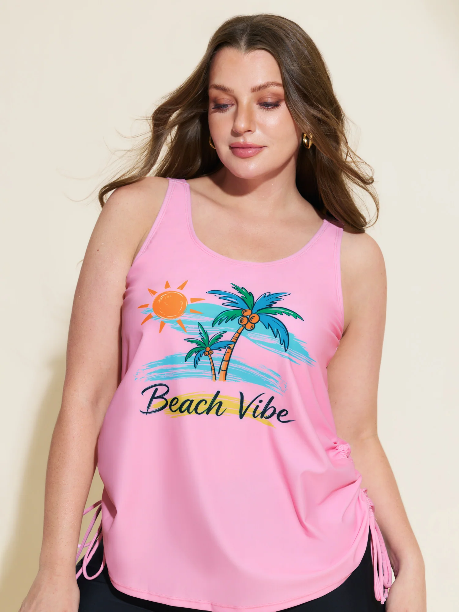 Island Print Drawstring Adjustable Swim Top - Image 61