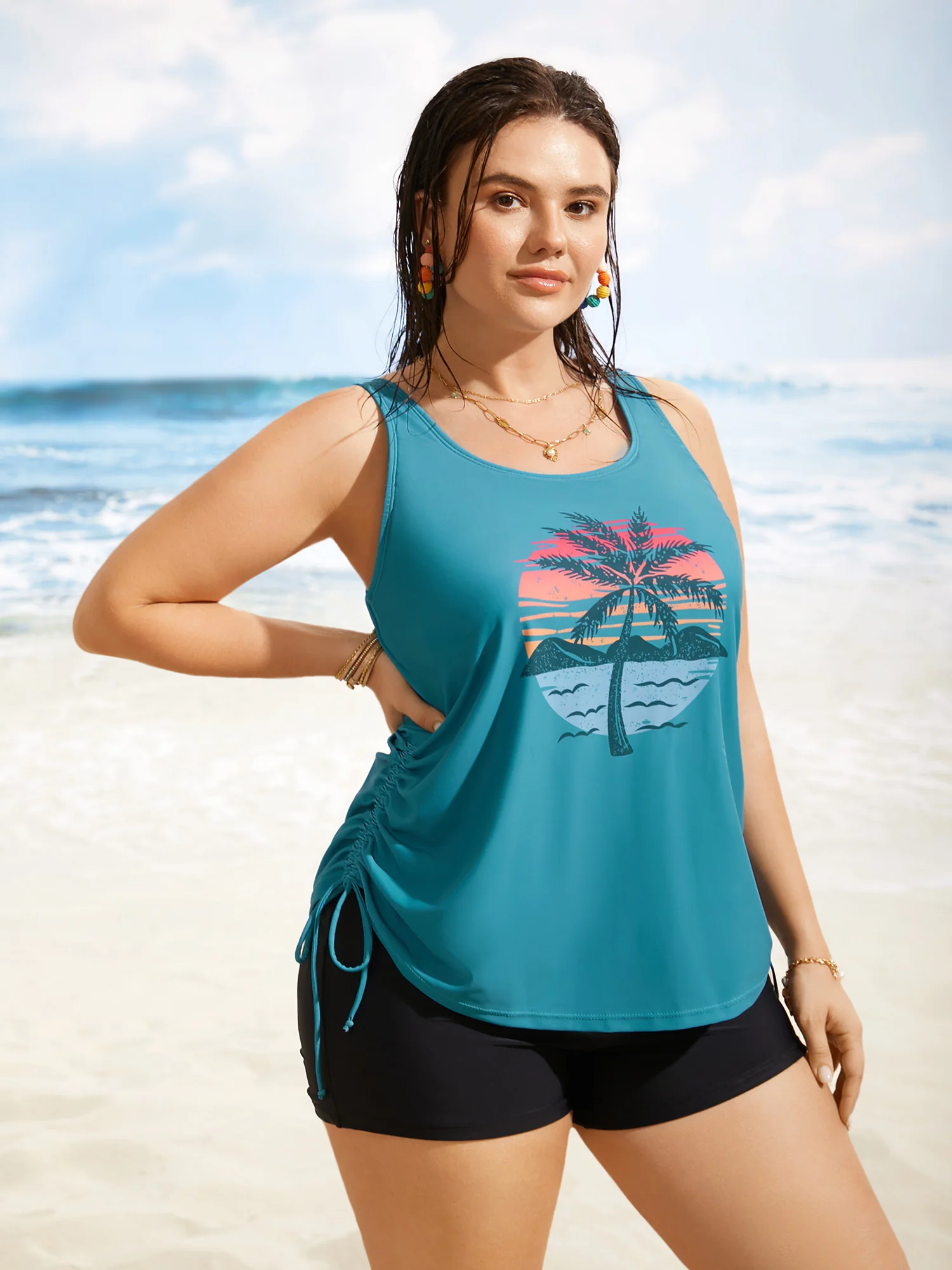 Island Print Drawstring Adjustable Swim Top - Image 9