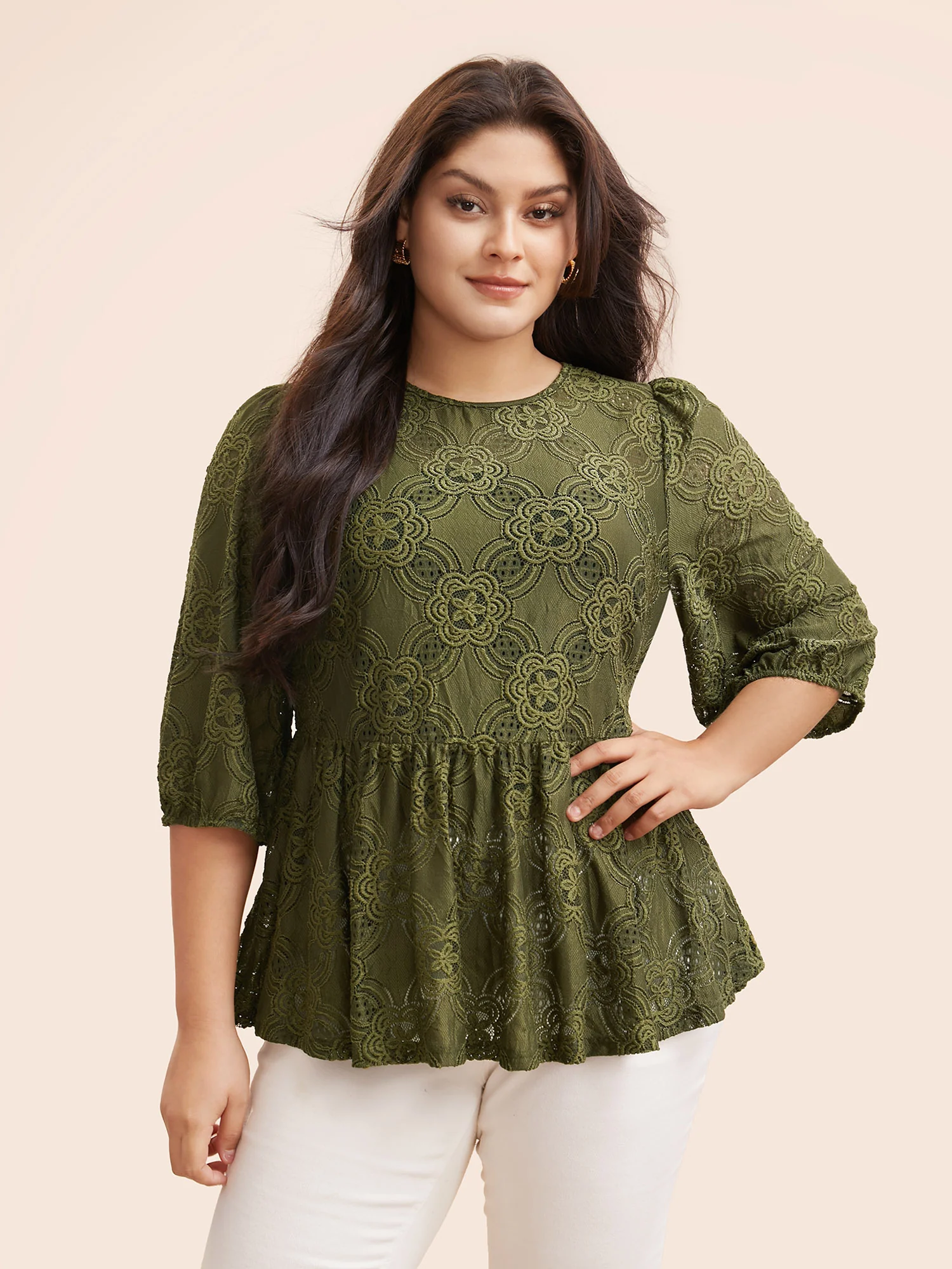 Crew Neck Crochet Lace Lantern Sleeve Blouse - Image 2