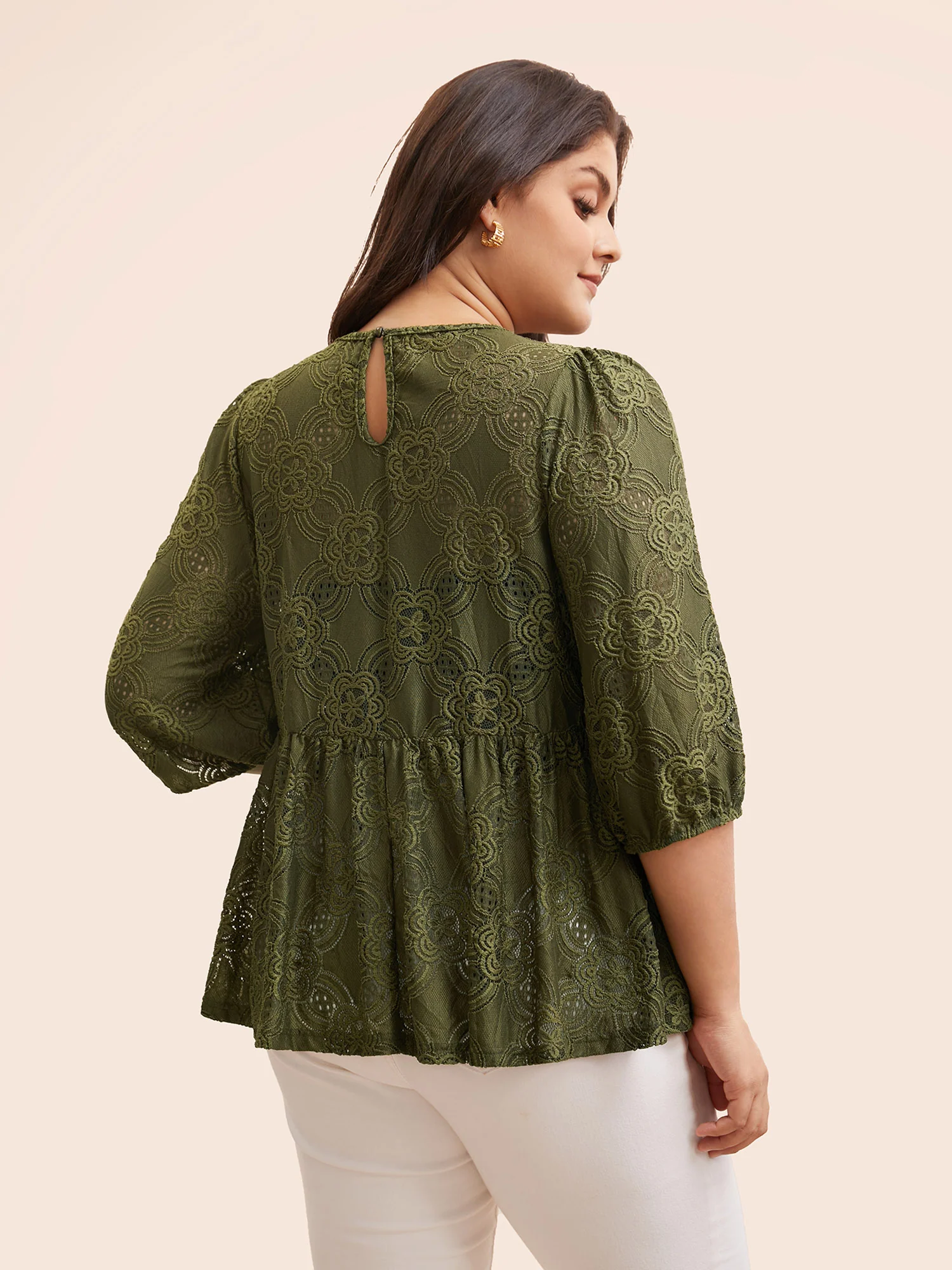 Crew Neck Crochet Lace Lantern Sleeve Blouse - Image 3