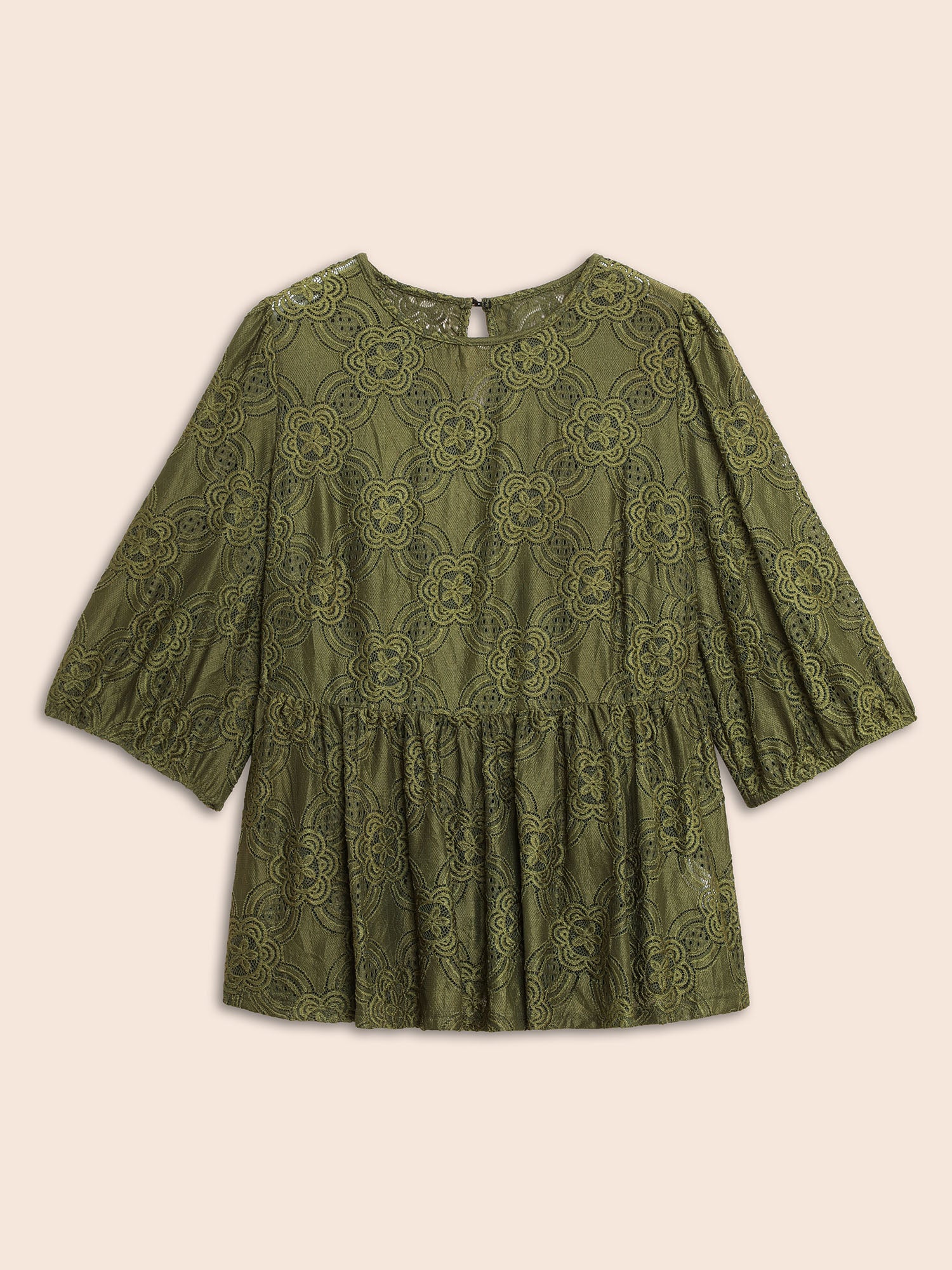Crew Neck Crochet Lace Lantern Sleeve Blouse - Image 7