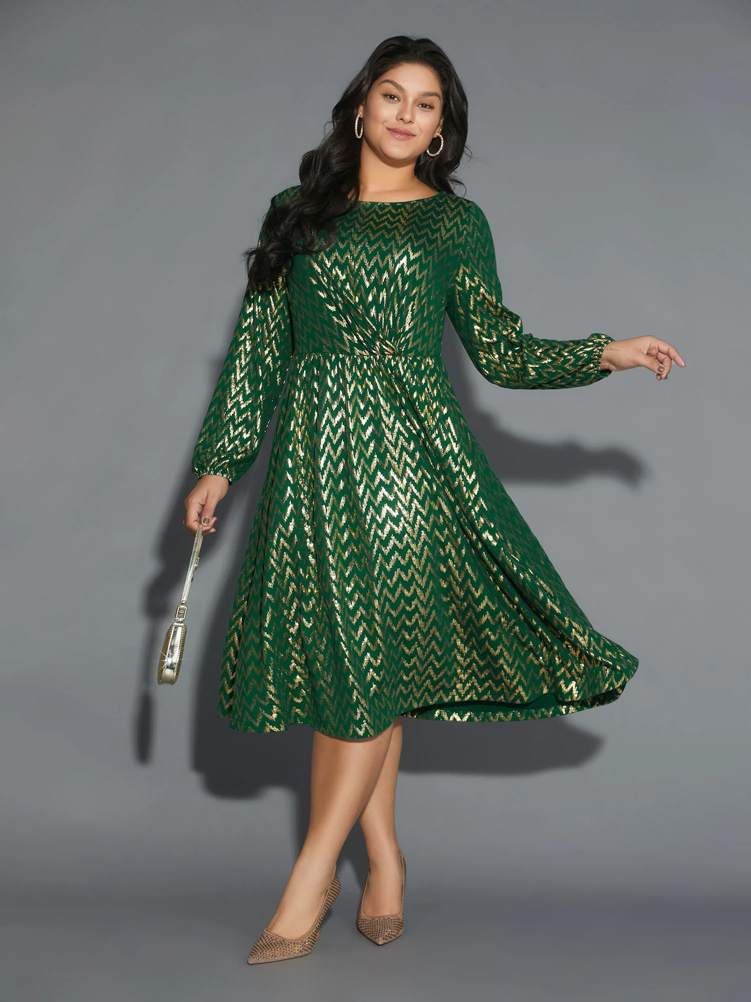 Crew Neck Glitter Geometric Gathered Dress - Image 2