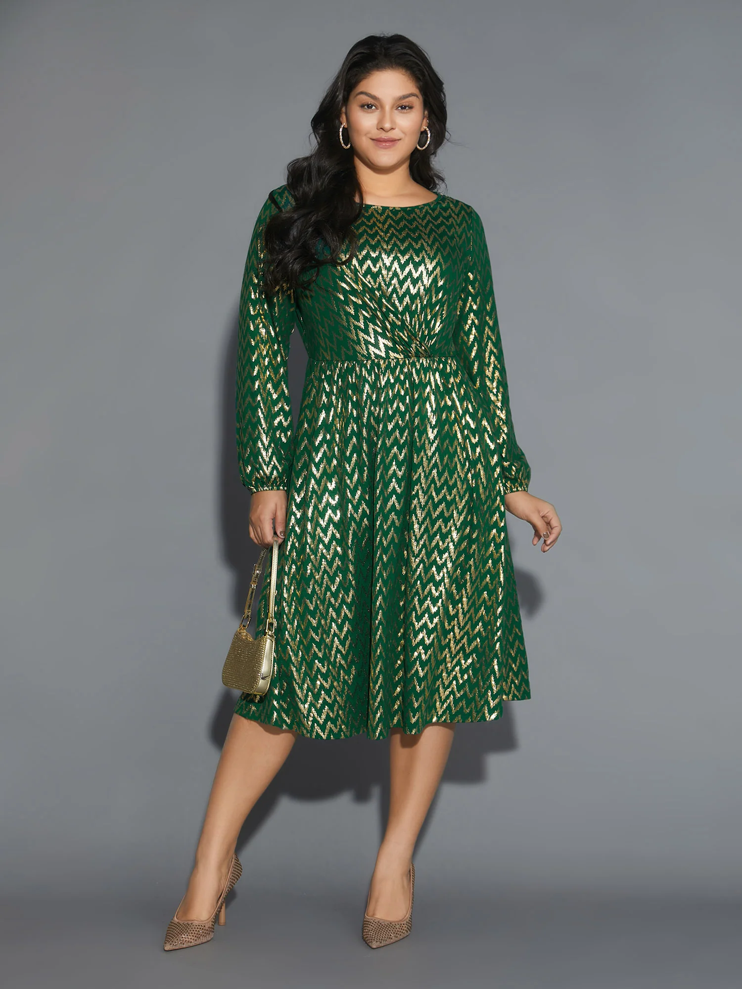 Crew Neck Glitter Geometric Gathered Dress - Image 3