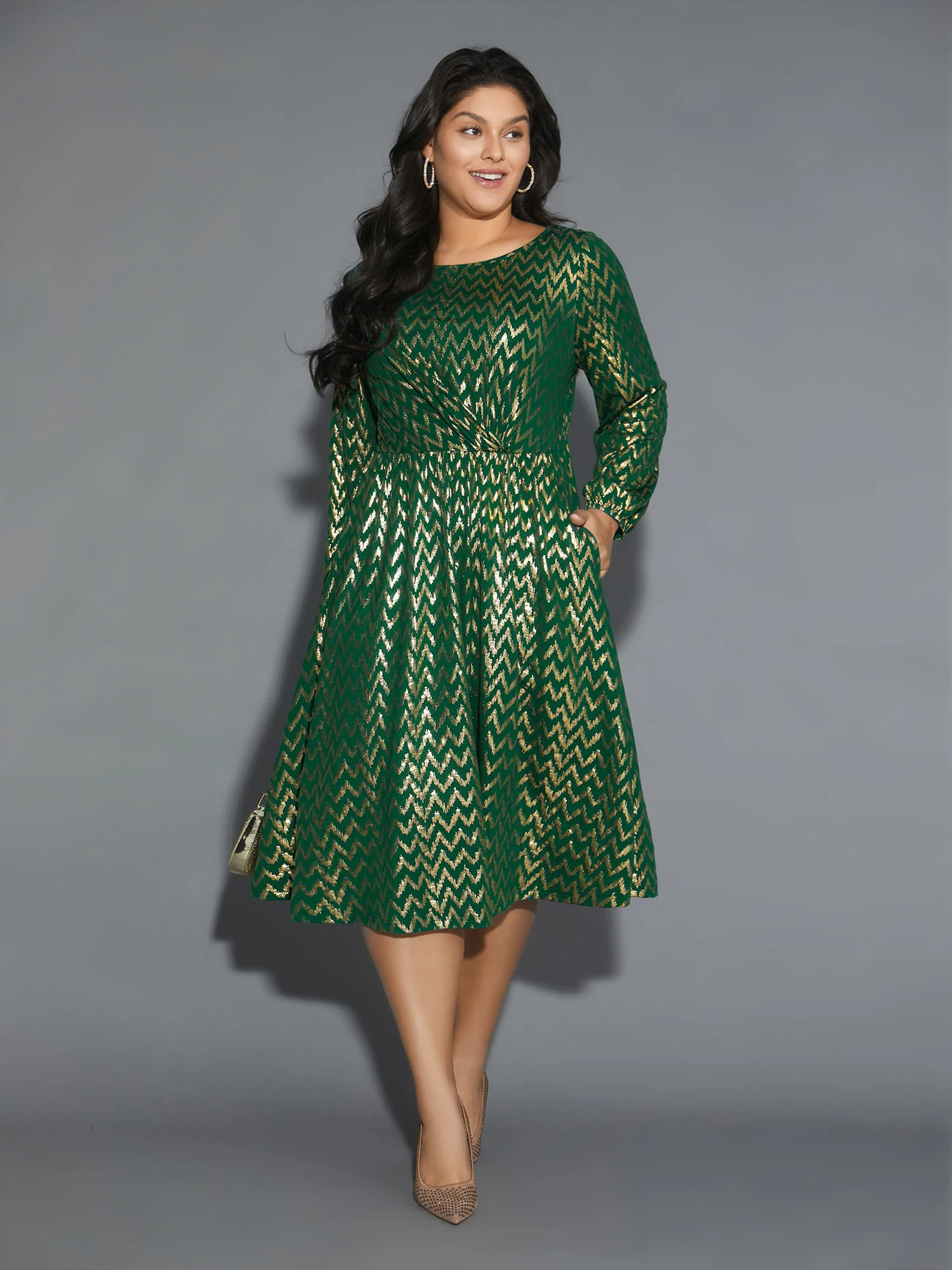 Crew Neck Glitter Geometric Gathered Dress - Image 4