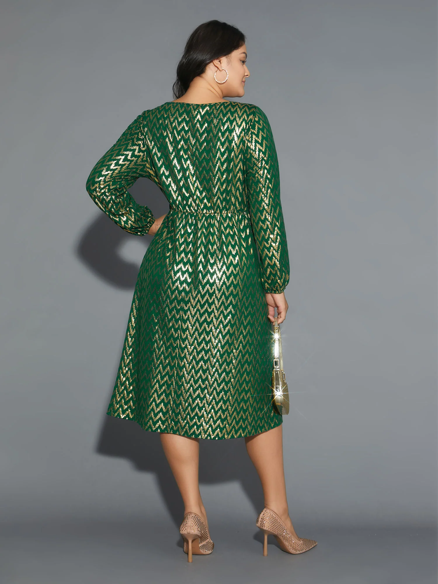 Crew Neck Glitter Geometric Gathered Dress - Image 5