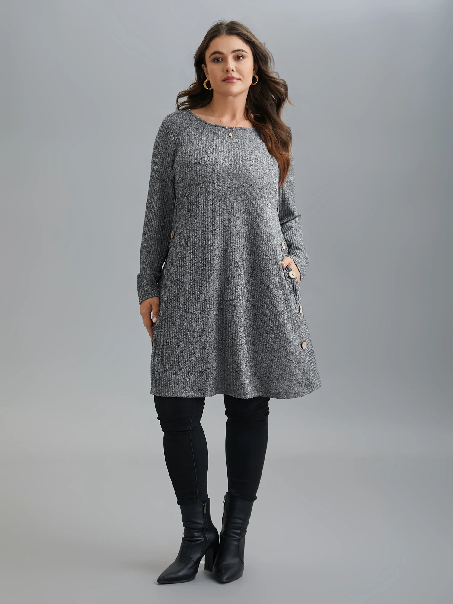 Crew Neck HeatherRibbed Knit Dress - Image 2