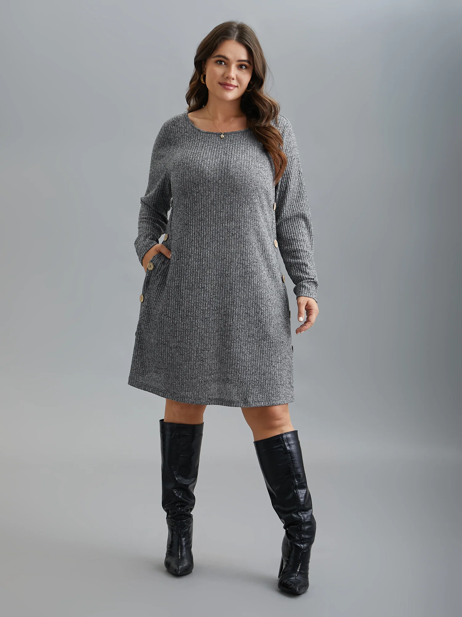 Crew Neck HeatherRibbed Knit Dress - Image 3