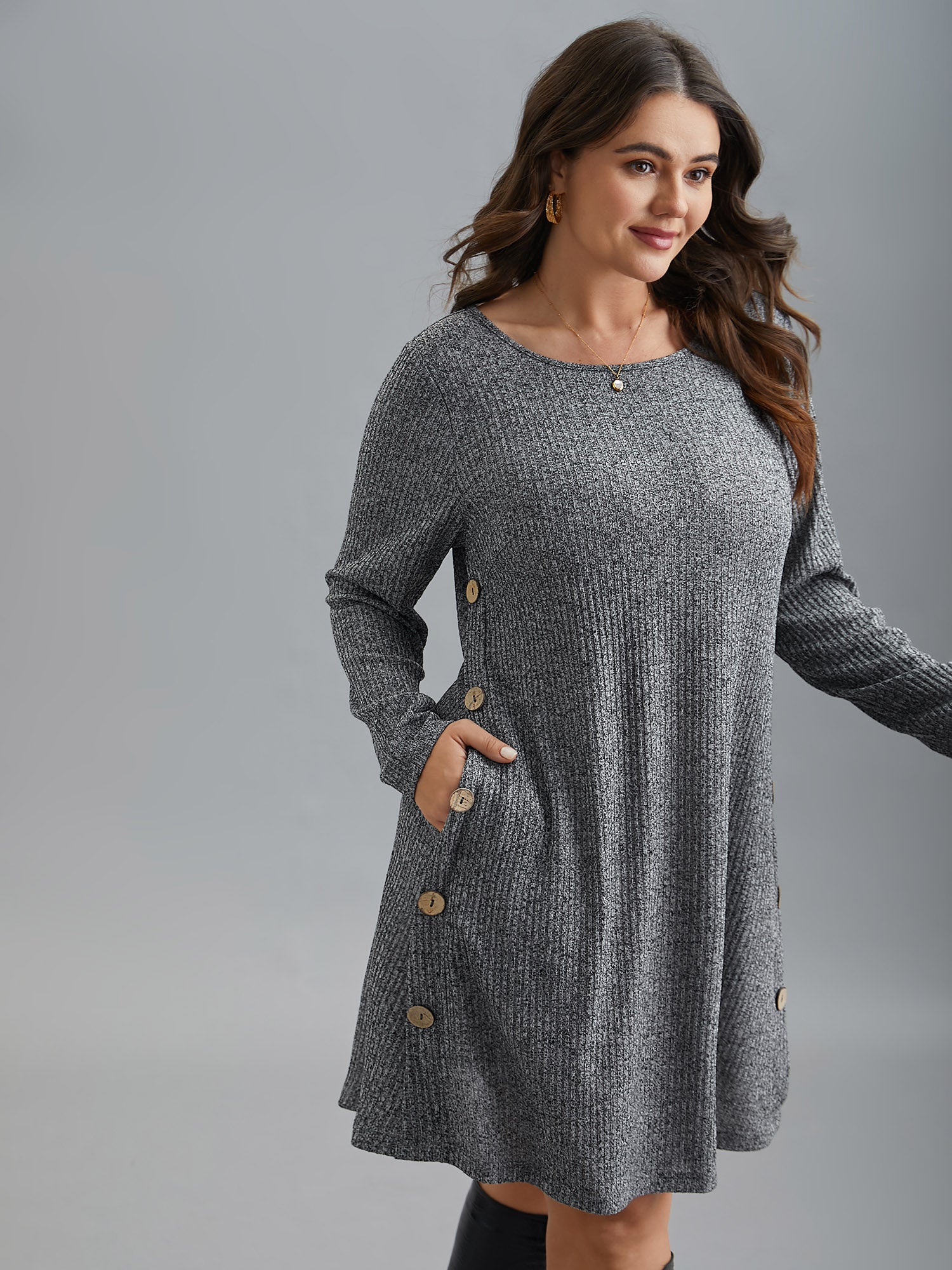 Crew Neck HeatherRibbed Knit Dress - Image 4