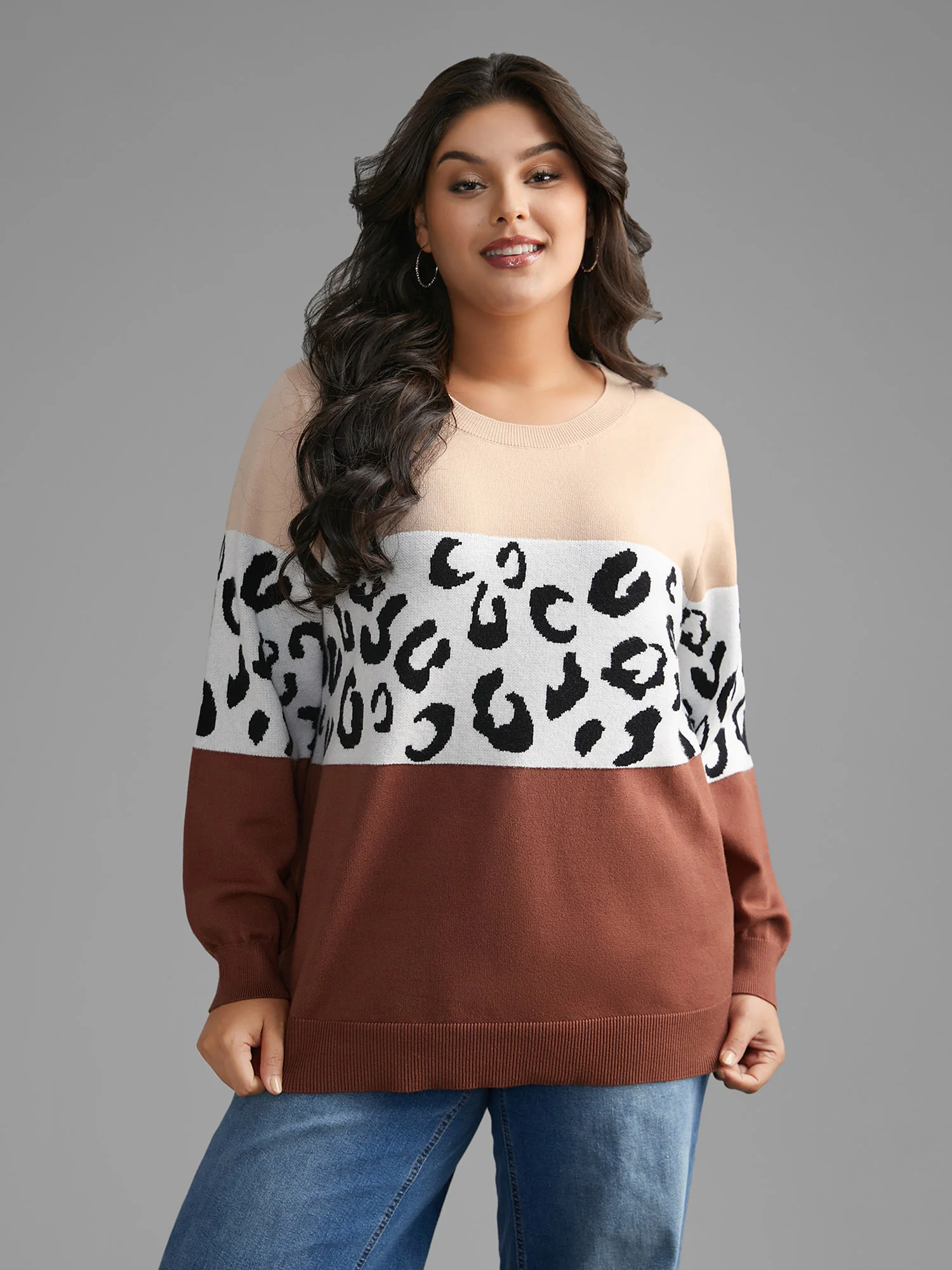 Crew Neck Leopard Print Contrast Pullover - Image 4