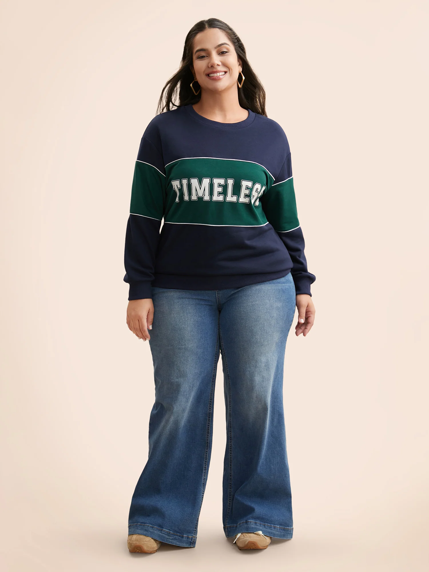 Crew Neck Letter Print Contrast Sweatshirt - Image 2