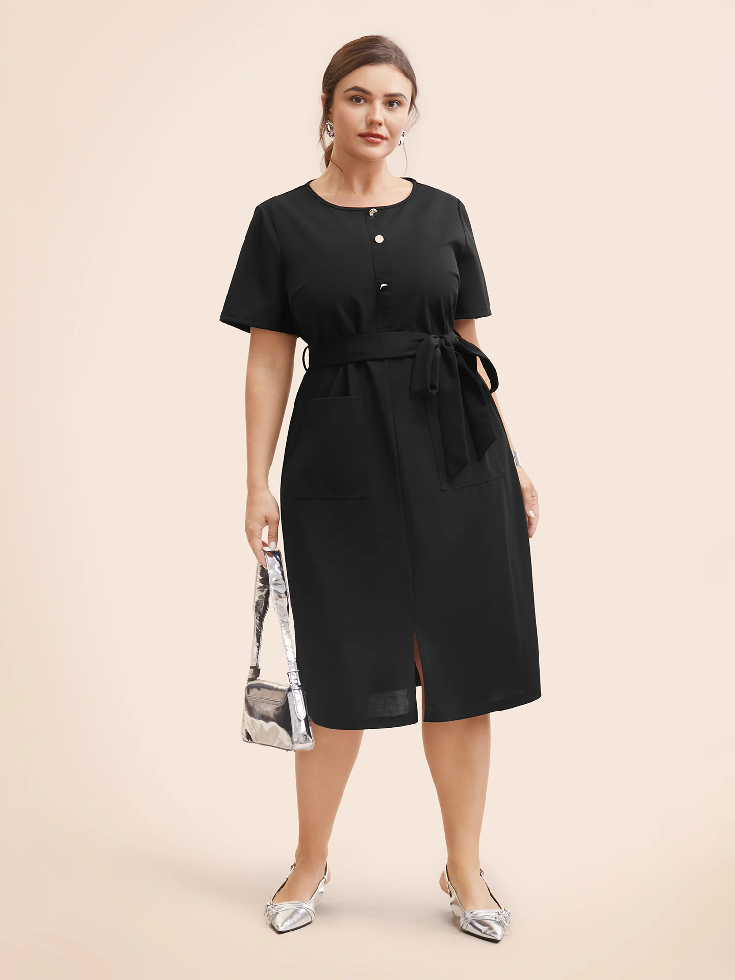 Crew Neck Metal Button Detail Belted Dress - Image 2