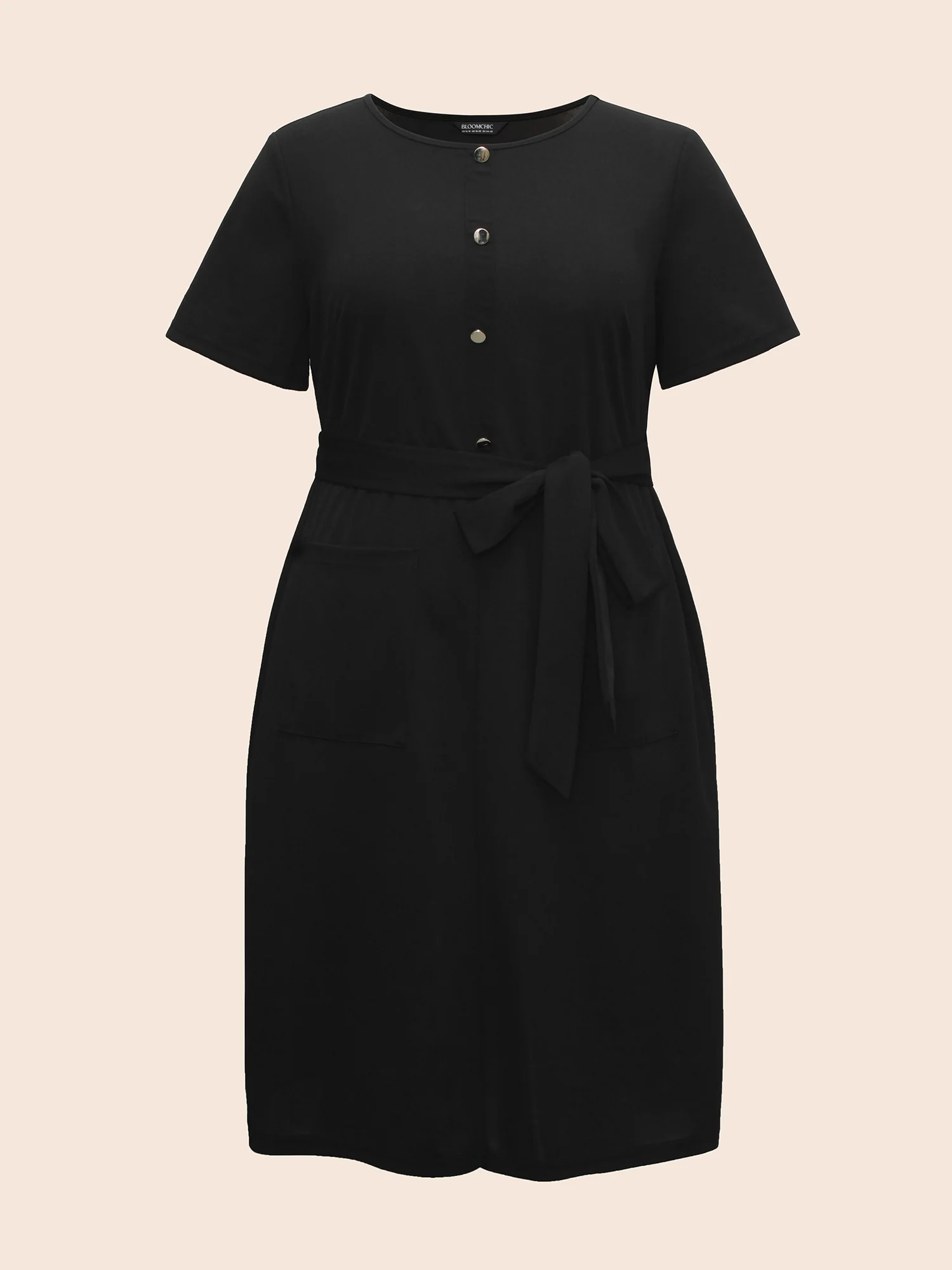 Crew Neck Metal Button Detail Belted Dress - Image 7