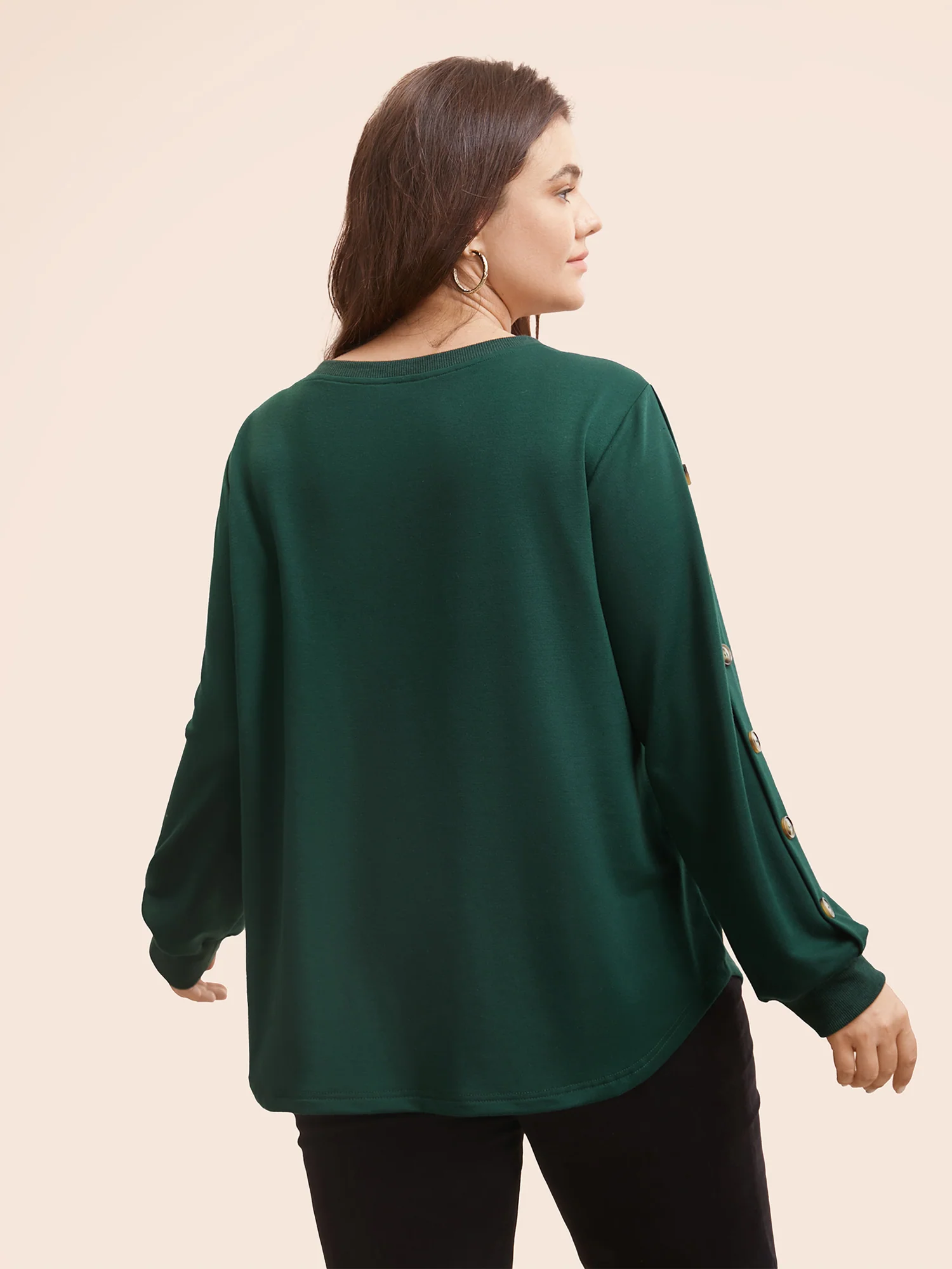 Crew Neck Patchwork Button Detail Sweatshirt - Image 2