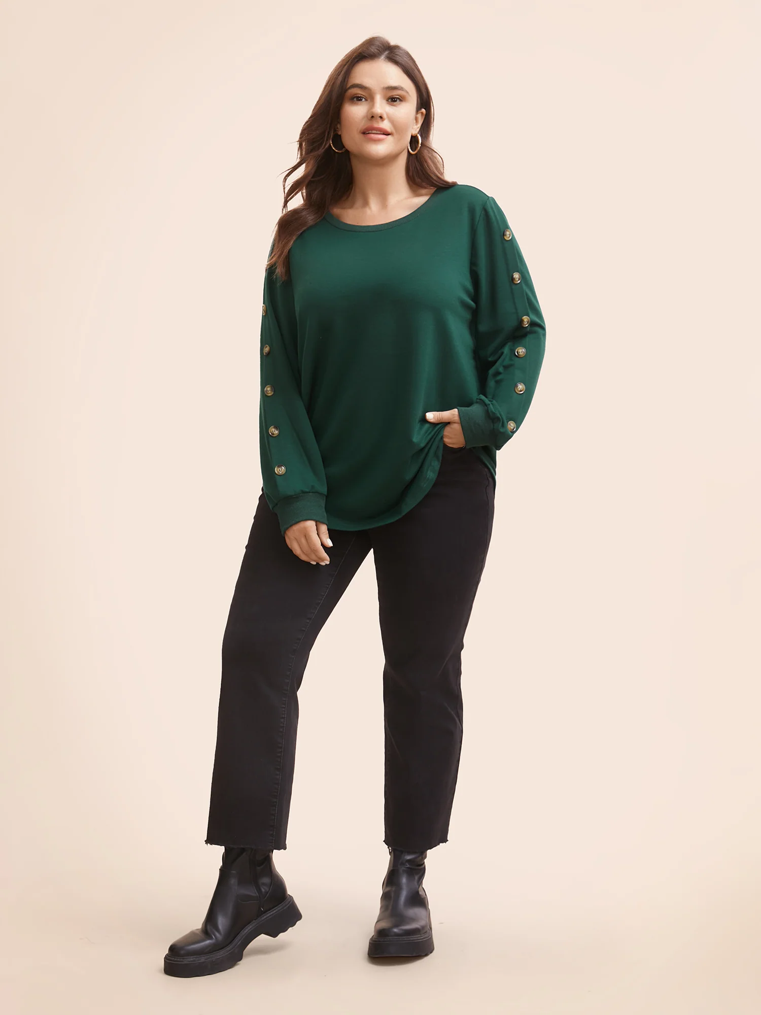 Crew Neck Patchwork Button Detail Sweatshirt - Image 3