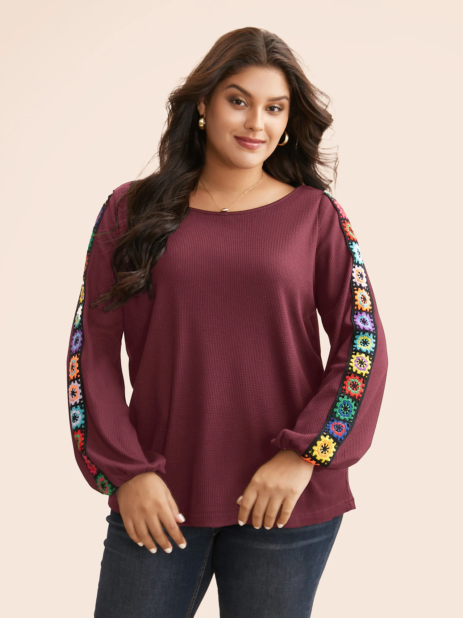 Crew Neck Patchwork Crochet Floral T-shirt - Image 3