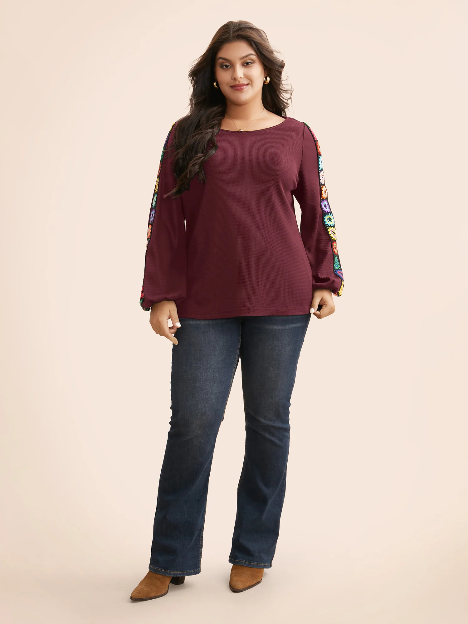 Crew Neck Patchwork Crochet Floral T-shirt - Image 5