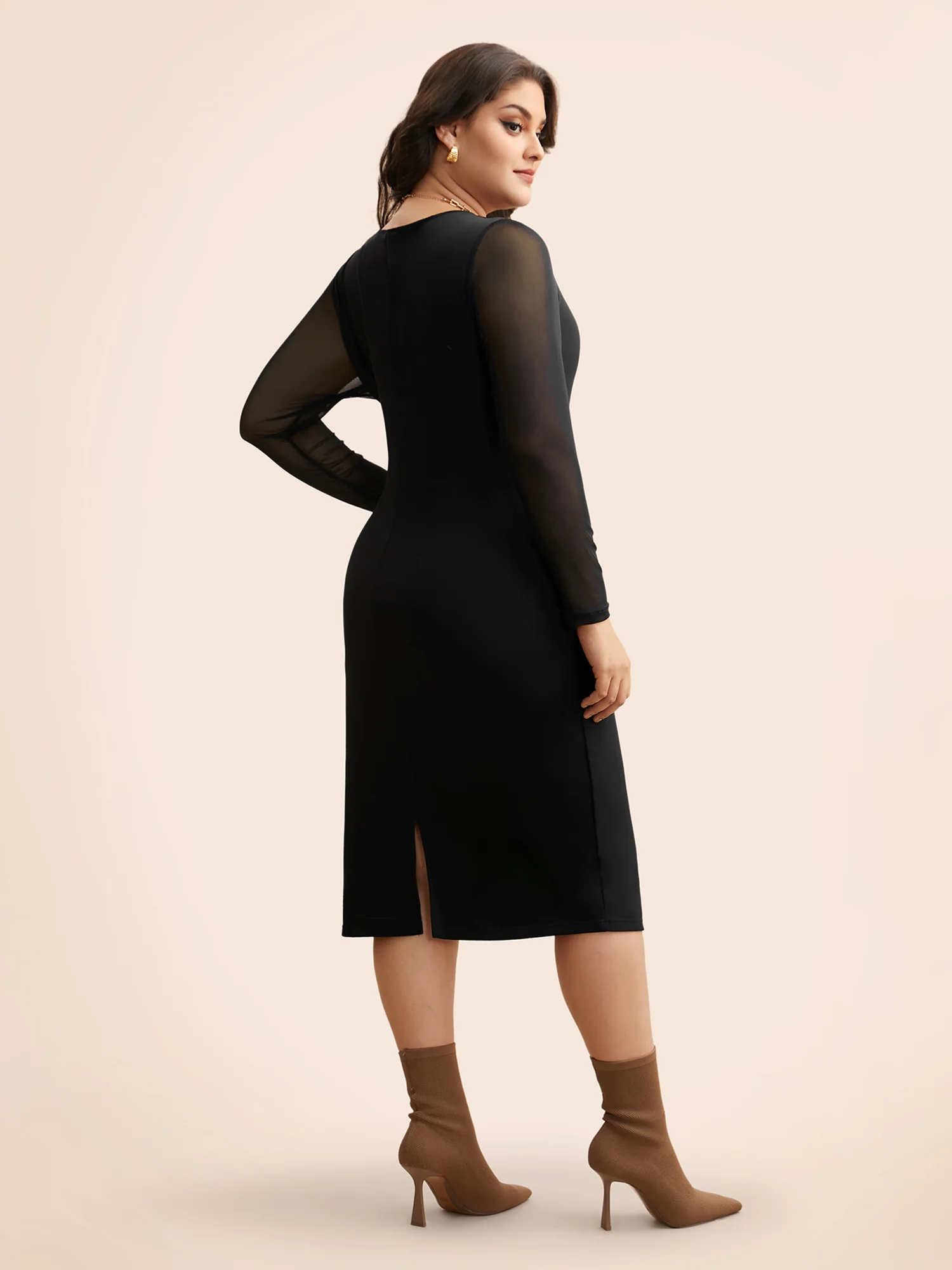 Crew Neck Patchwork Mesh Split Hem Dress - Image 3
