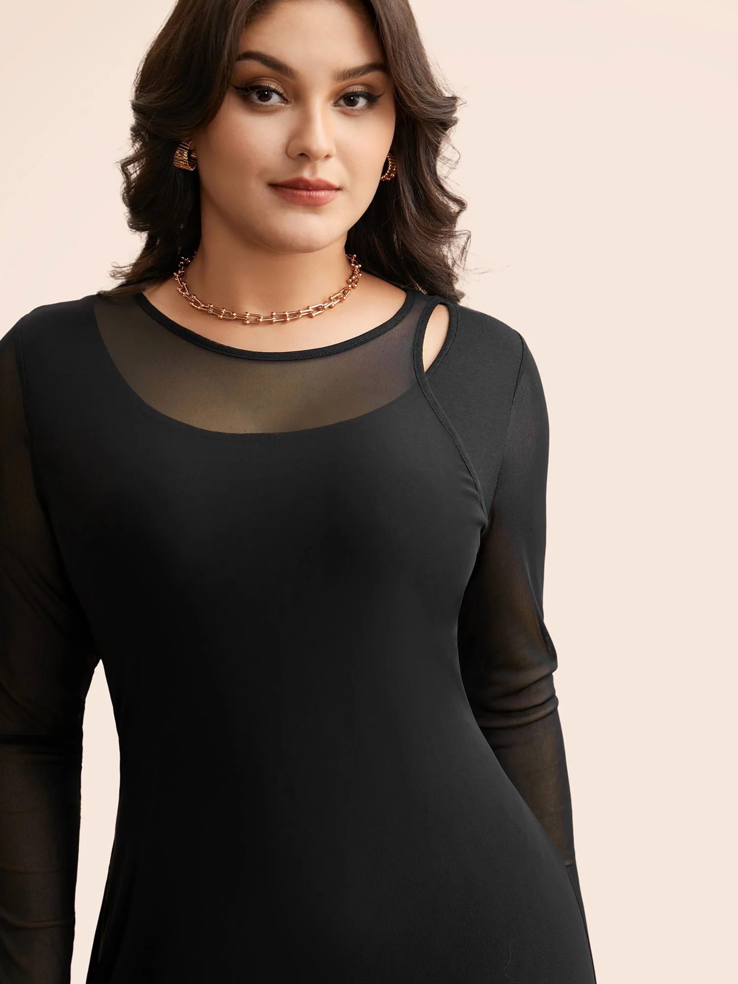 Crew Neck Patchwork Mesh Split Hem Dress - Image 4