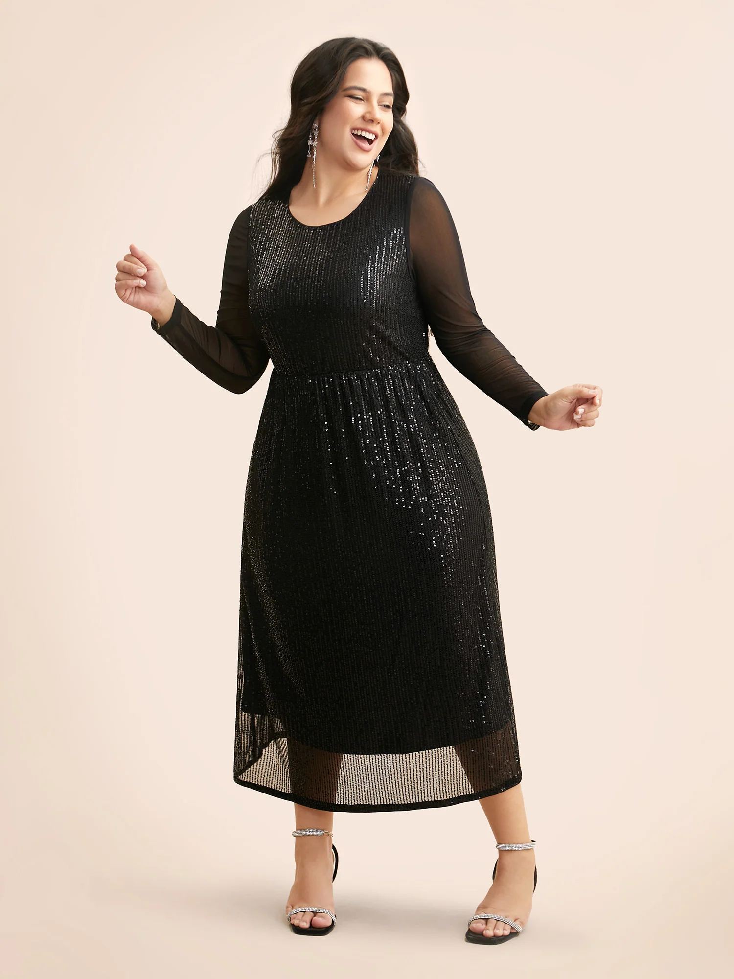 Crew Neck Patchwork Sequin Mesh Dress - Image 3